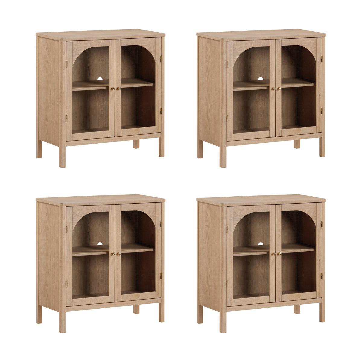 Four Nathan James Large Glass Door Curio Cabinet Credenza Raw Oak units arranged in a grid, featuring light wood, arched glass doors, internal shelving, and brass hardware.