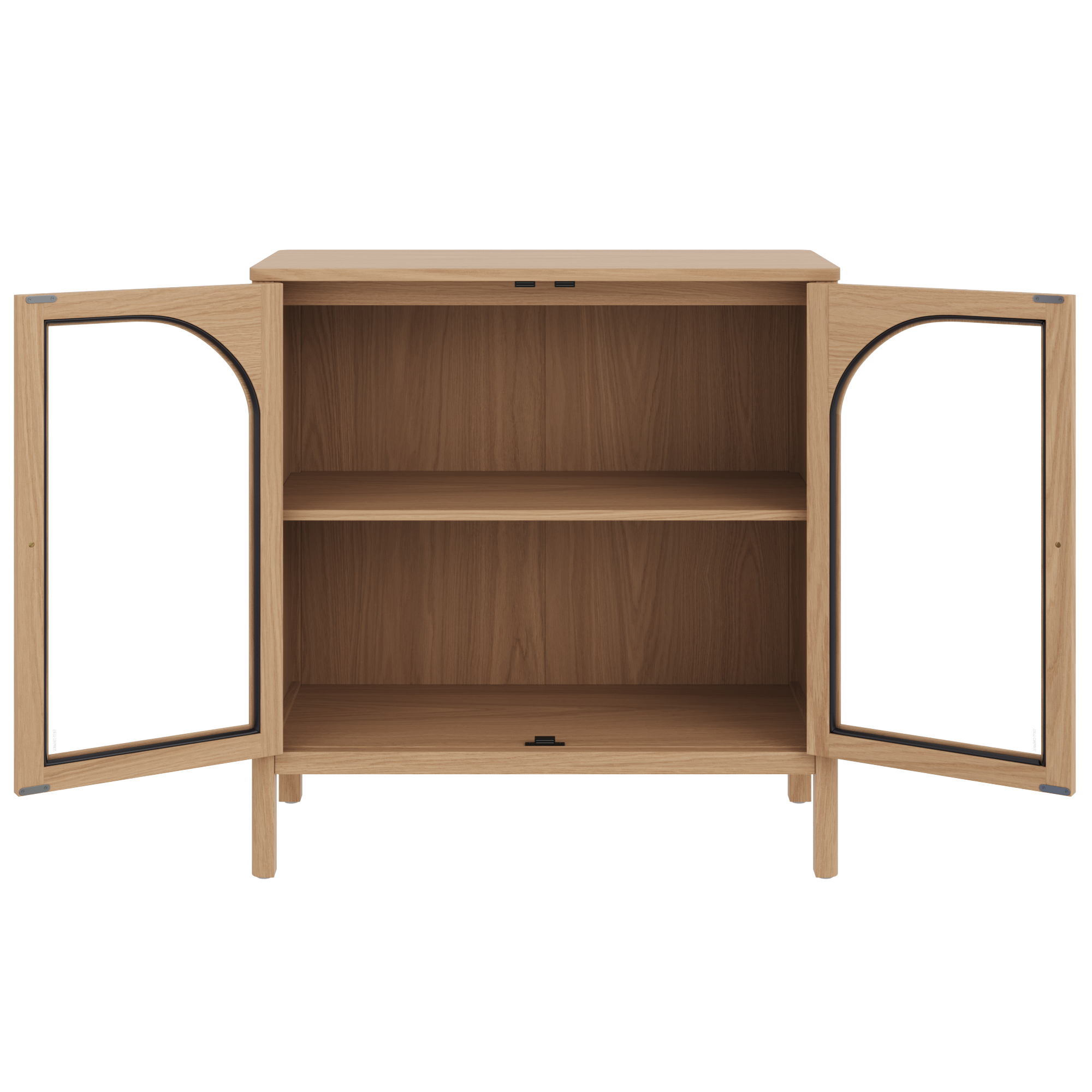 A wooden cabinet with glass doors open, revealing two shelves inside. The cabinet has a light wood finish and stands on four legs.