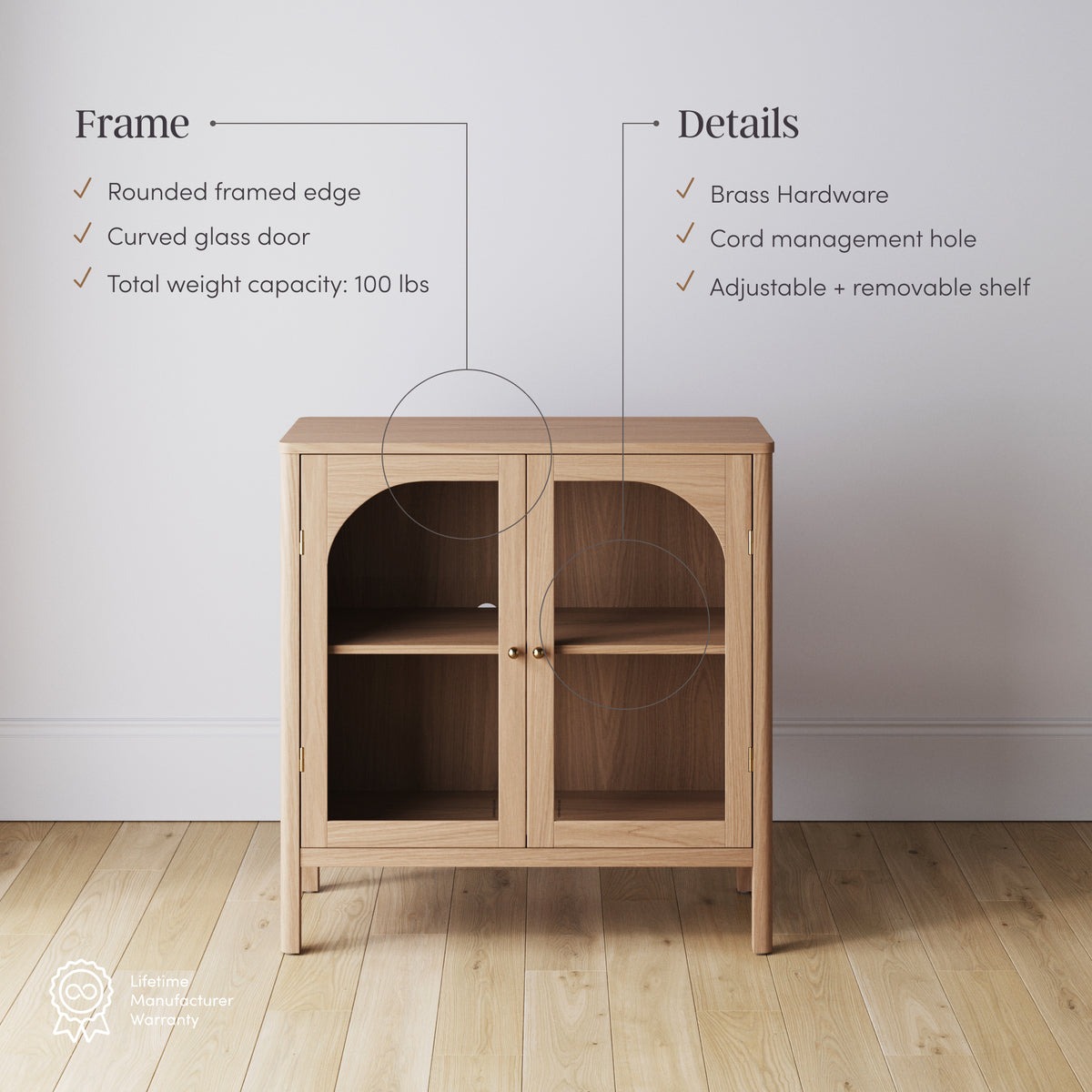 A light wood Nathan James Curio Cabinet Credenza with Glass Door Raw Oak featuring two glass doors, an interior shelf, rounded edges, brass hardware, a cord management hole, and a 100-pound weight capacity.