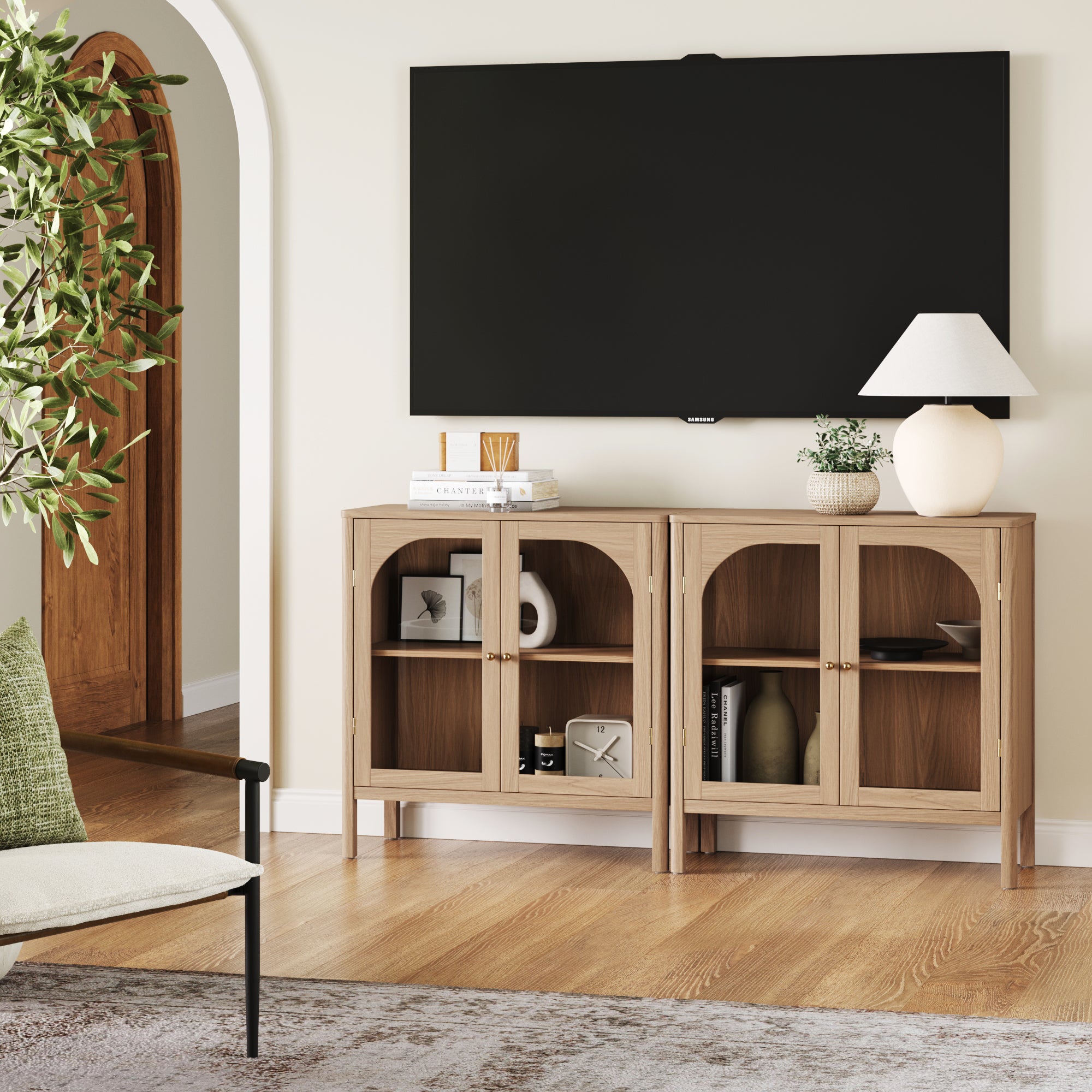 Arched Glass Door TV Console for 55 - 65" TVs Raw Oak - Nathan James
