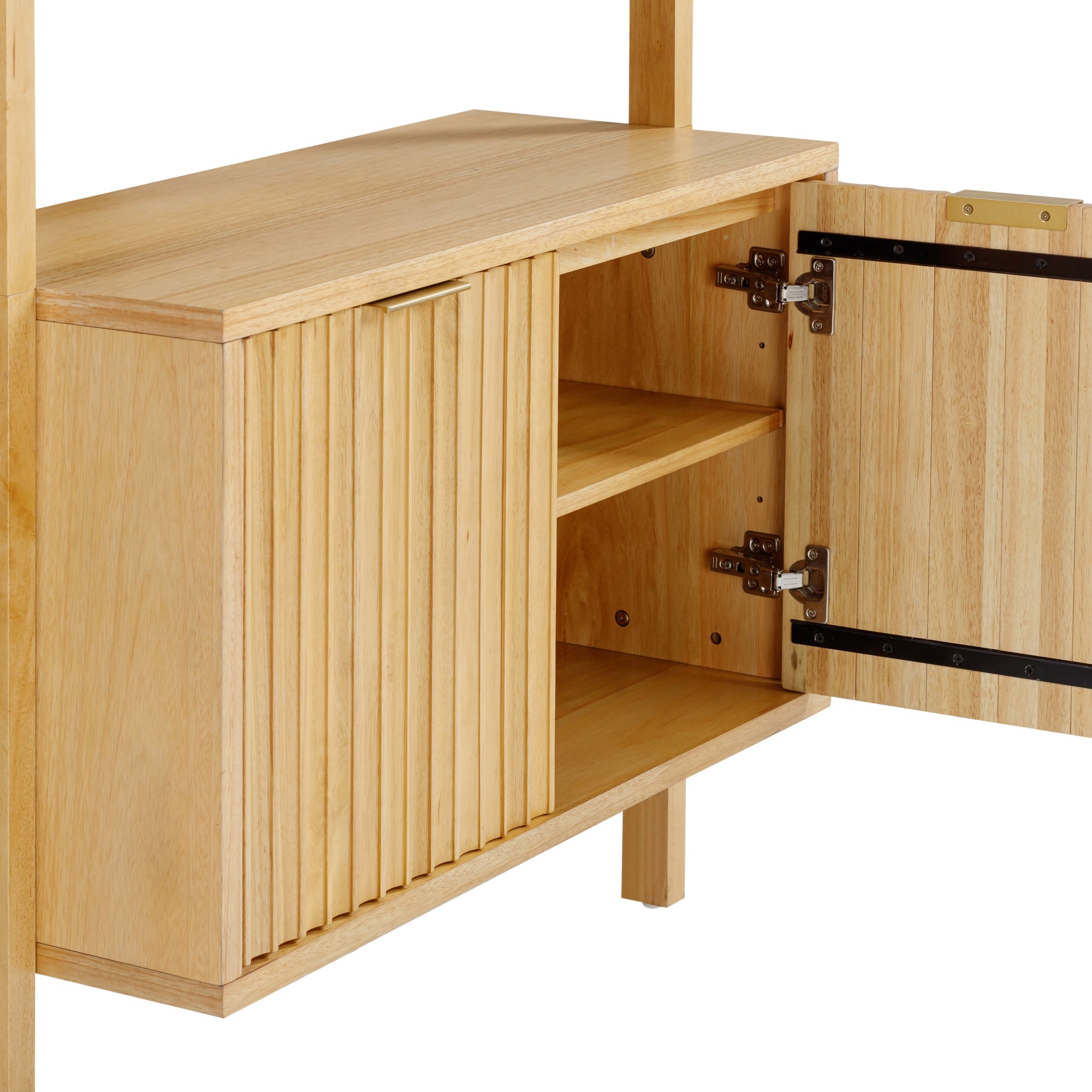 A light wooden cabinet with an open hinged door revealing two interior shelves. The cabinet features a vertical slat design on the left door and plain wood on the right door.