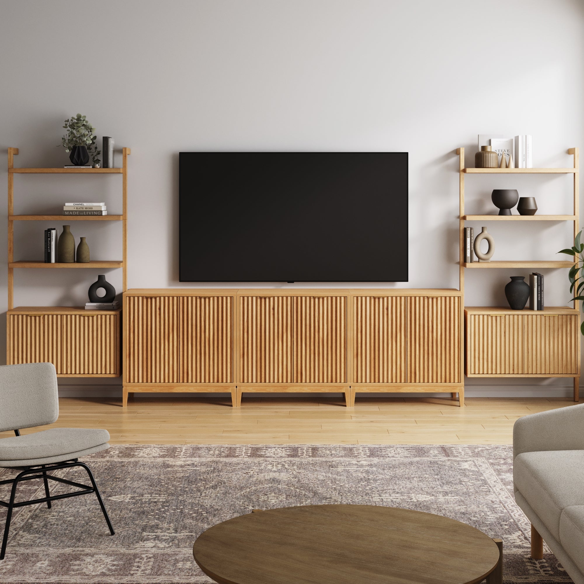 Mid - Century Entertainment Center Warm Pine (3 Cabinets) - Nathan James