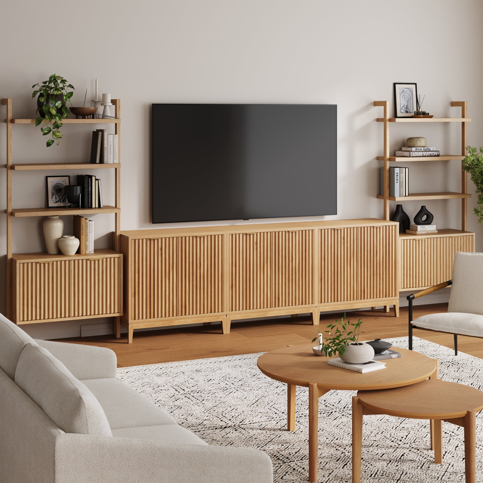 Mid - Century Entertainment Center Warm Pine (3 Cabinets) - Nathan James