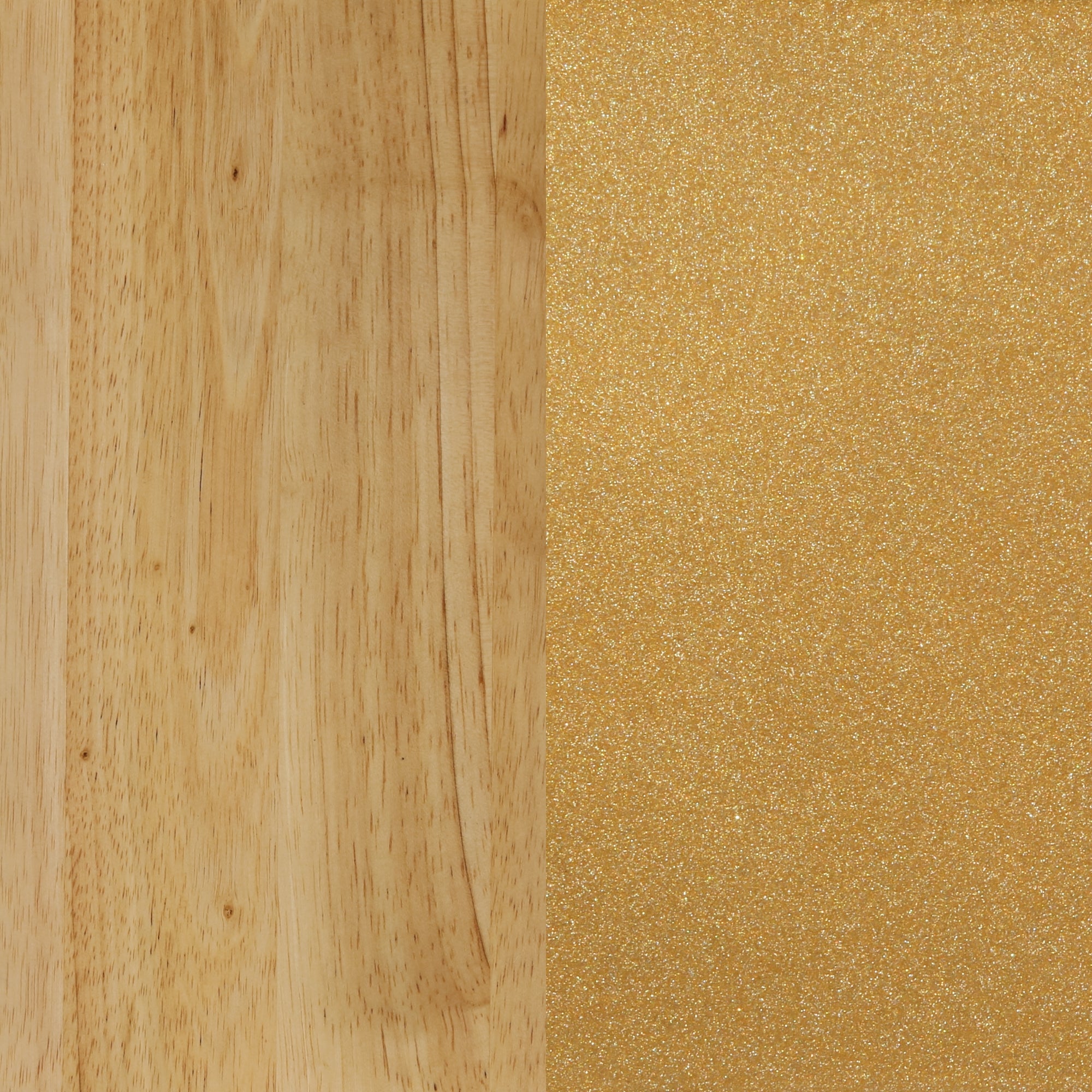 A split image showing a smooth, light wood texture on the left and a shiny, gold glittery surface on the right.