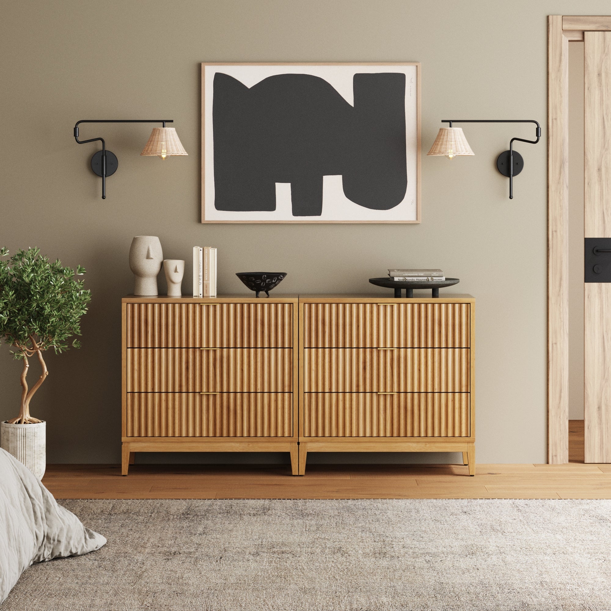 Mid - Century Fluted 3 - Drawer Dressers Warm Pine (Set of 2) - Nathan James