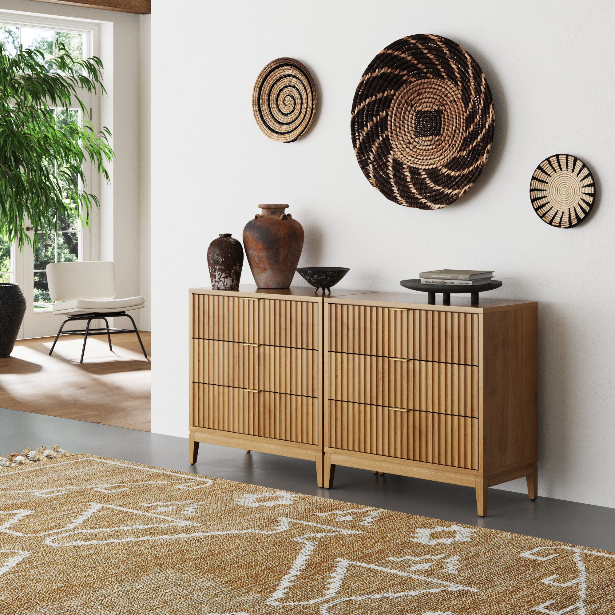 Mid - Century Fluted 3 - Drawer Dressers Warm Pine (Set of 2) - Nathan James