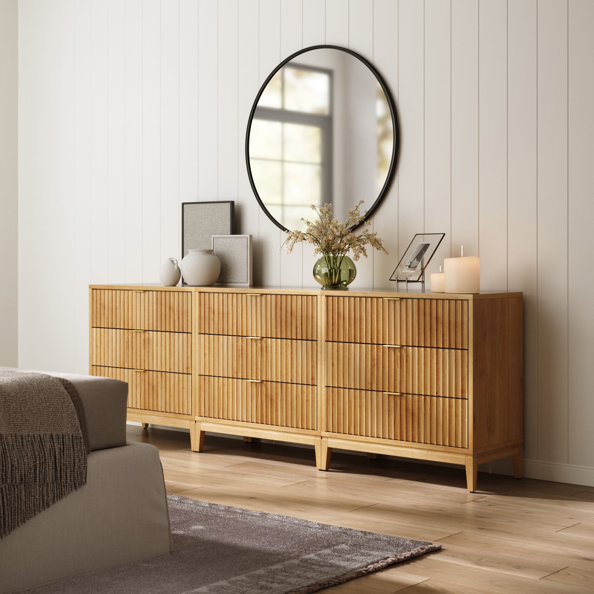 Mid - Century Fluted 3 - Drawer Dressers Warm Pine (Set of 3) - Nathan James
