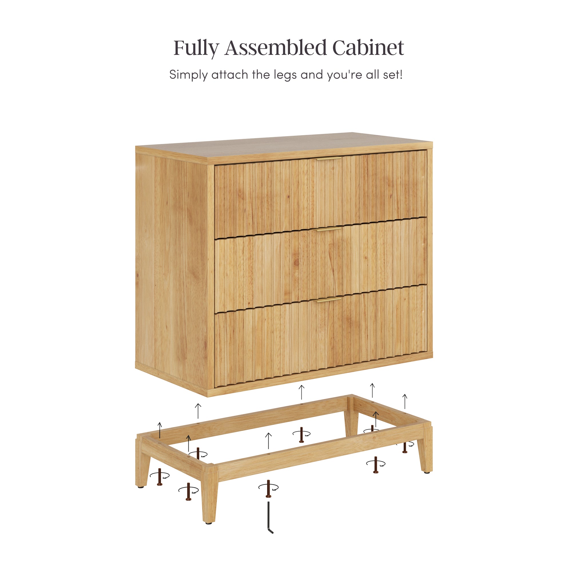 A wooden cabinet with three drawers is shown above a matching wooden base. Arrows and instructions indicate that the cabinet should be placed onto the base and the legs attached to complete assembly.