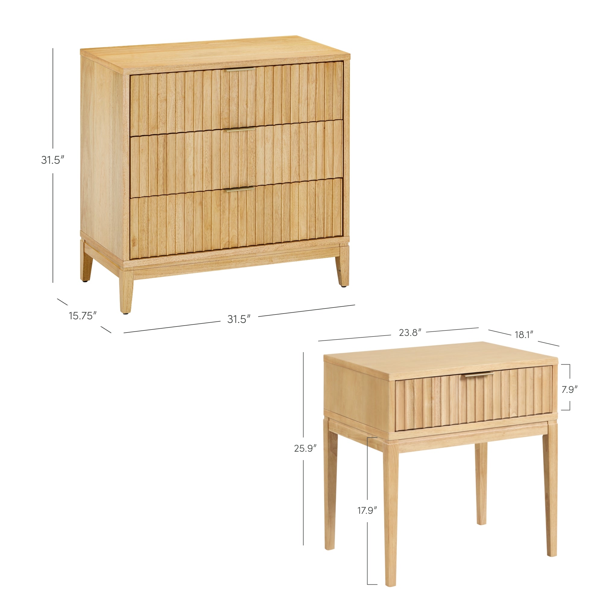 Two light wood furniture pieces with vertical slats: a three-drawer dresser (31.5 wide, 31.5 tall, 15.75 deep) and a single-drawer desk/table (23.8 wide, 25.9 tall, 17.9 deep), both shown with measurements.