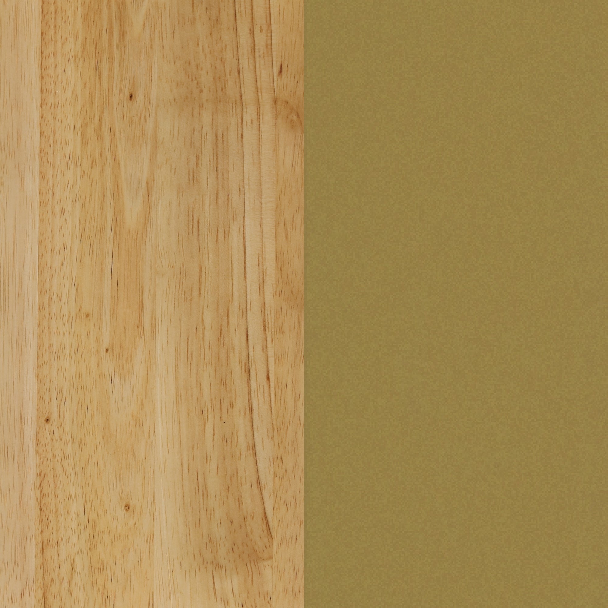 A split image showing two surfaces: the left side is light-colored wood with visible grain, and the right side is a solid olive green color.