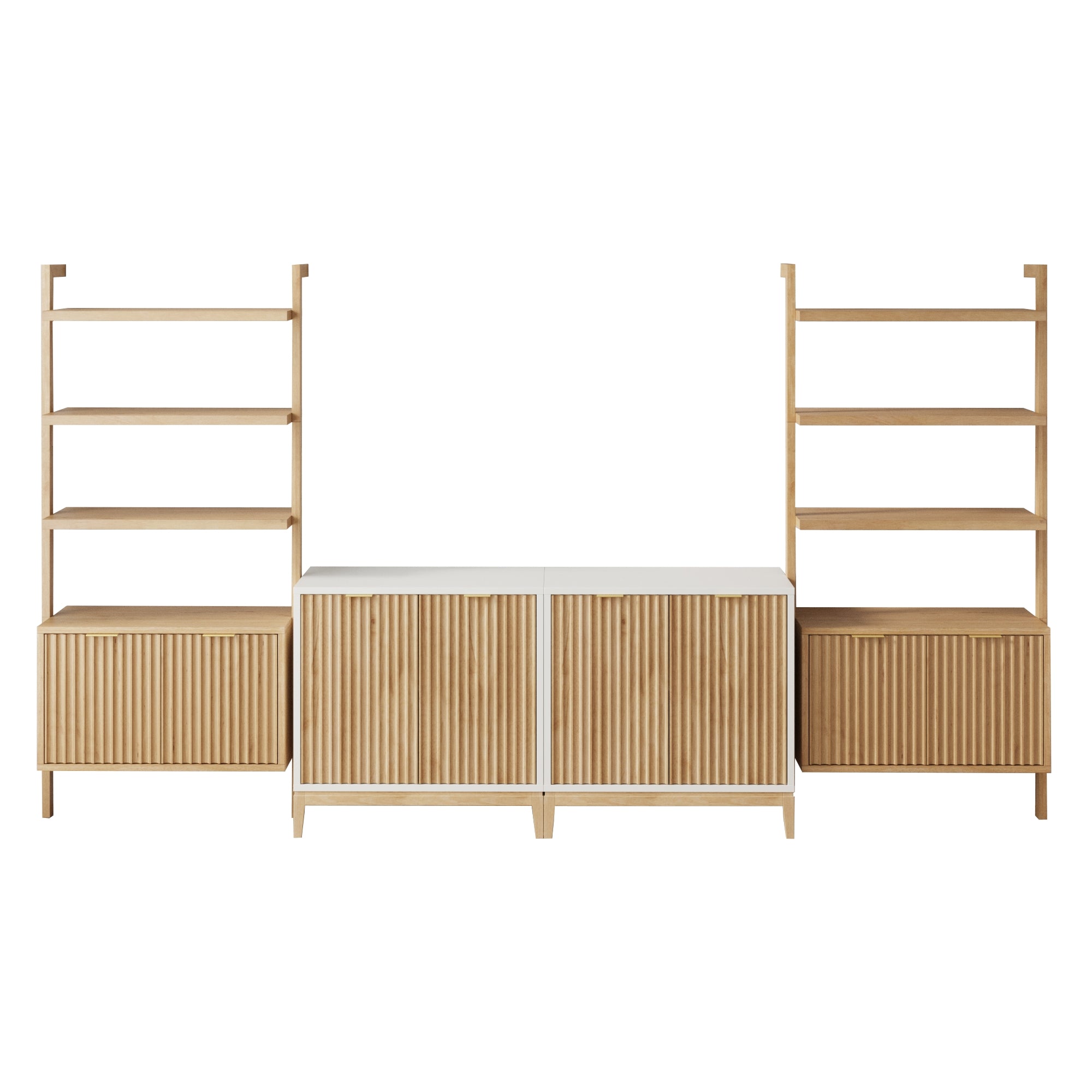 A modern storage unit with light wood and white accents, featuring two tall shelving units with closed cabinets on each end, and a central cabinet with four doors and vertical grooves in the wood.