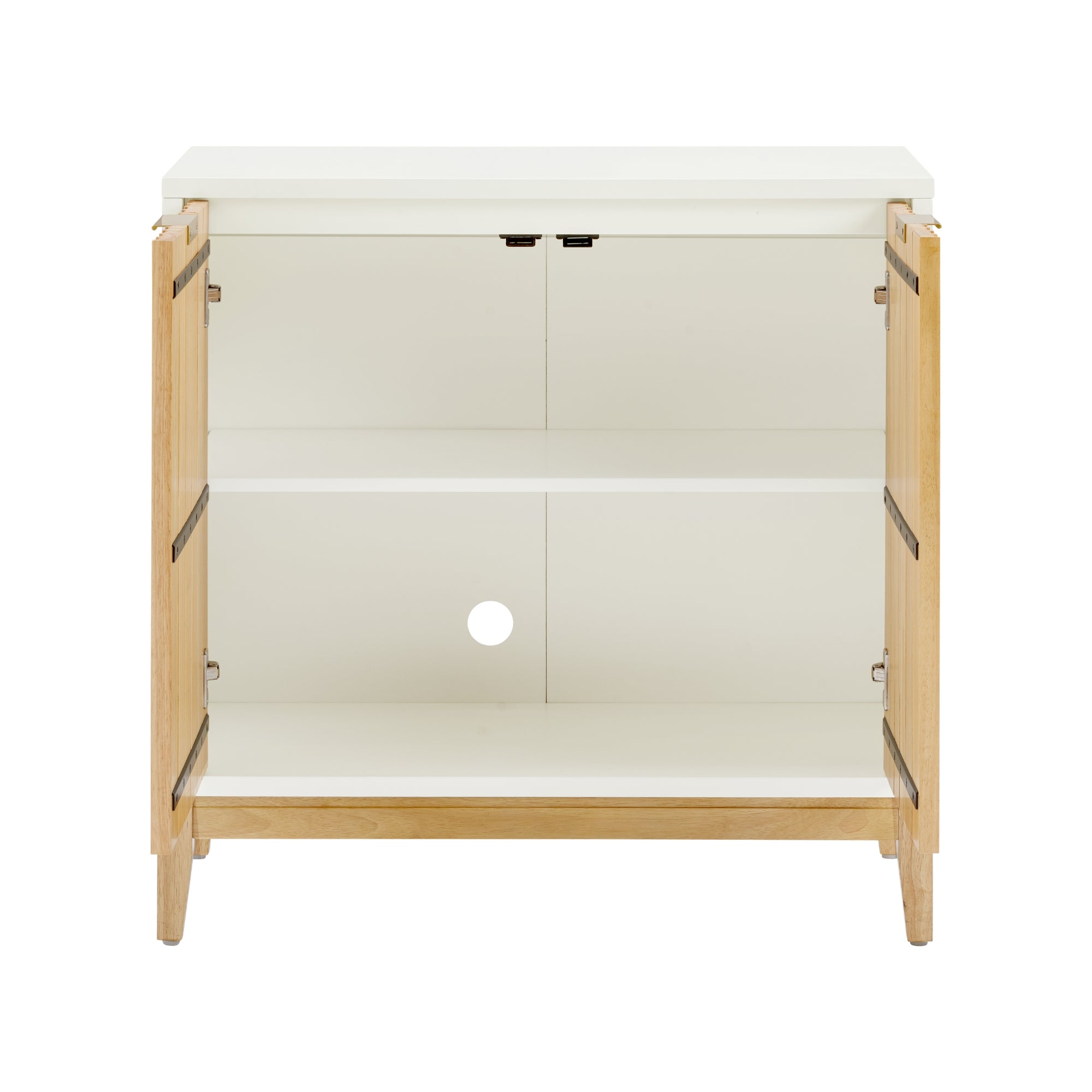 A small wooden cabinet with two open doors, a white interior, a single shelf, and a round hole in the back panel, likely for cable management.