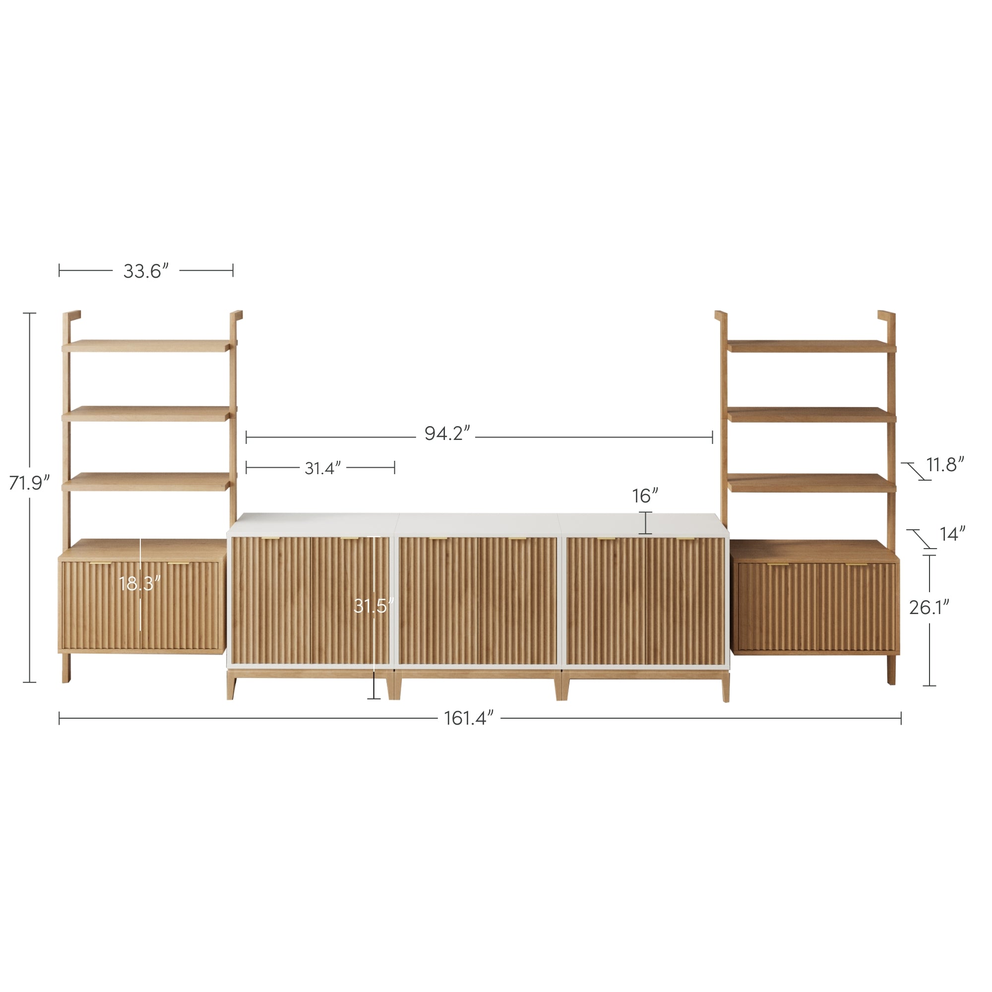 A wooden shelving and cabinet unit with white tops, vertical slatted doors, and open shelves. Dimensions and heights of each section are labeled in inches.