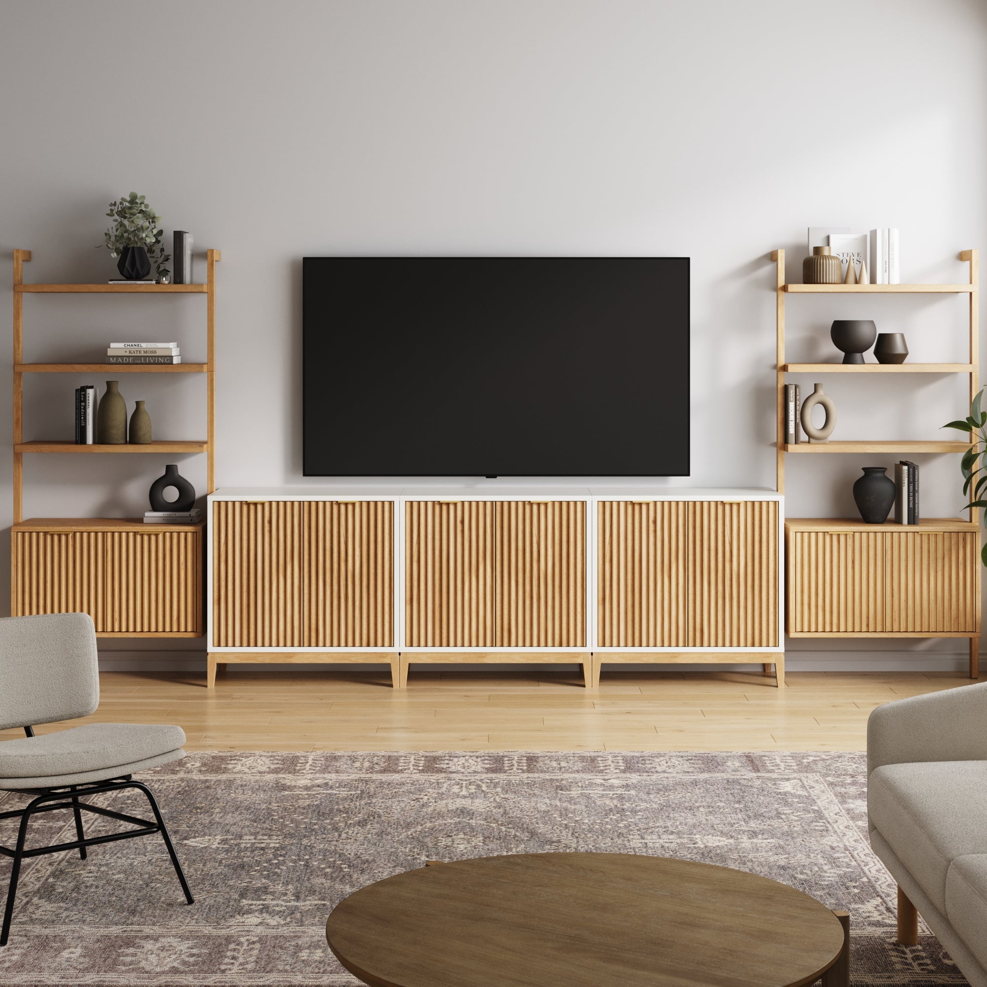 Mid - Century Entertainment Center Light Brown White (3 Cabinets) - Nathan James