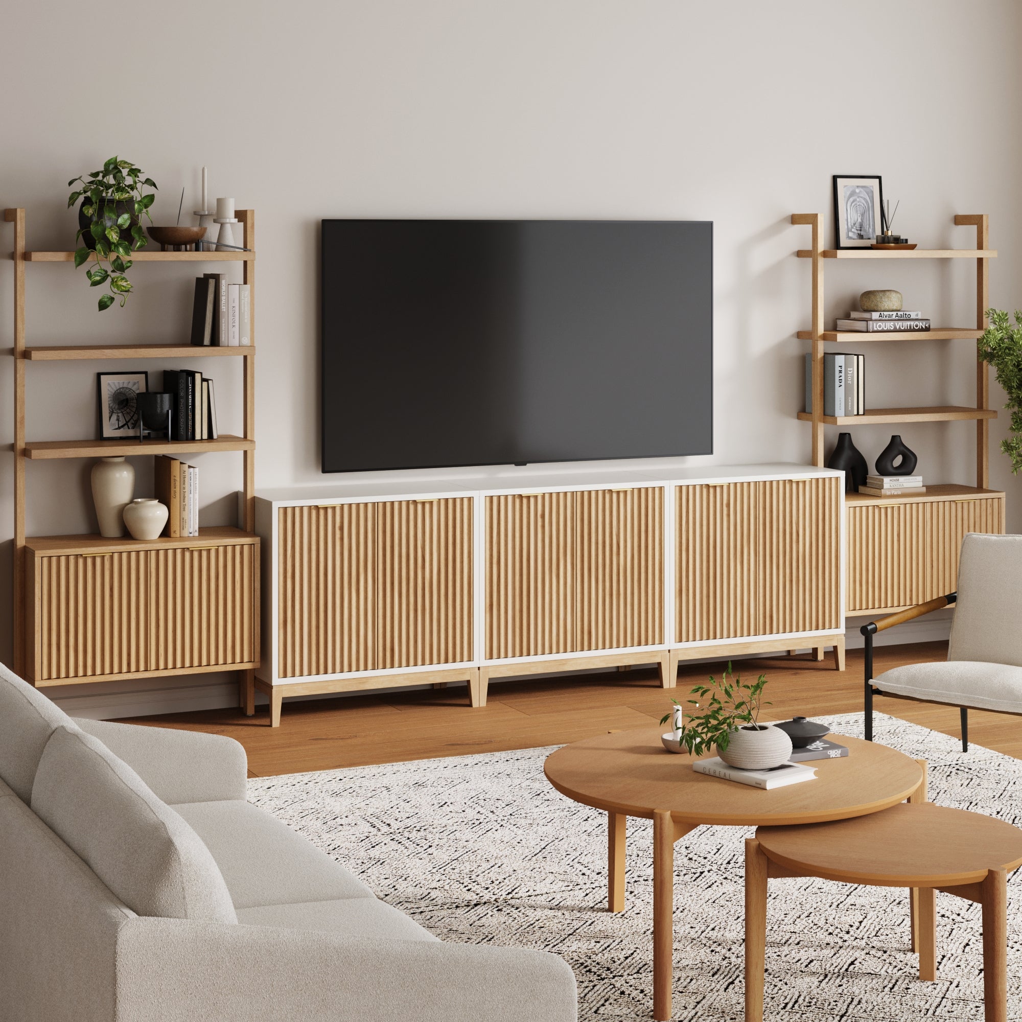 Mid - Century Entertainment Center Light Brown White (3 Cabinets) - Nathan James