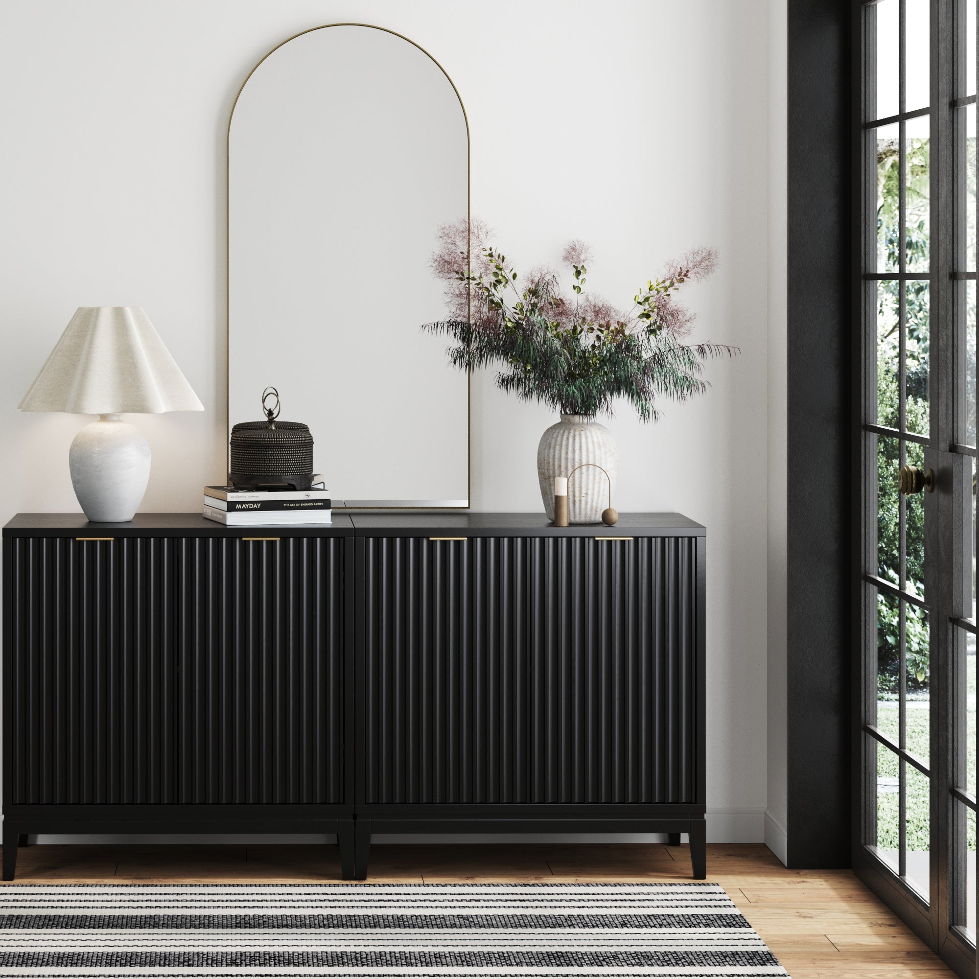 Mid - Century Fluted Storage Cabinet Credenza Black Oak (Set of 2) - Nathan James