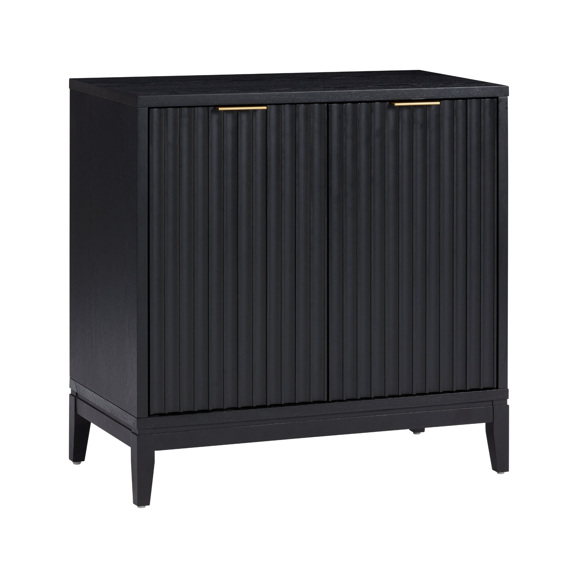 A modern black wooden cabinet with ribbed double doors, gold handles, and four legs, shown against a plain white background.