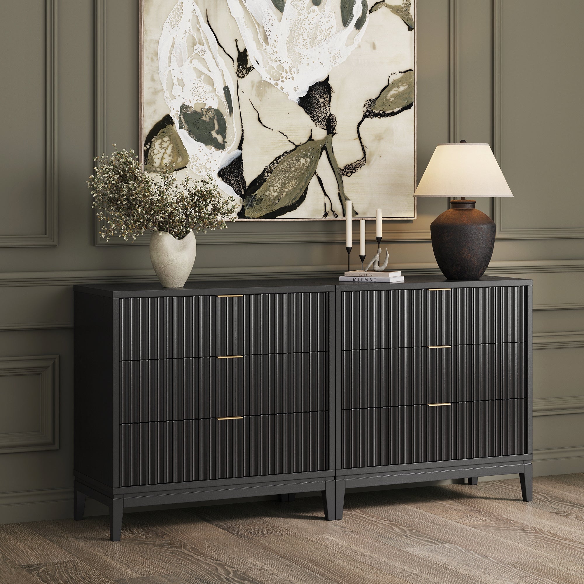 Mid - Century Fluted 3 - Drawer Dressers Black Oak (Set of 2) - Nathan James