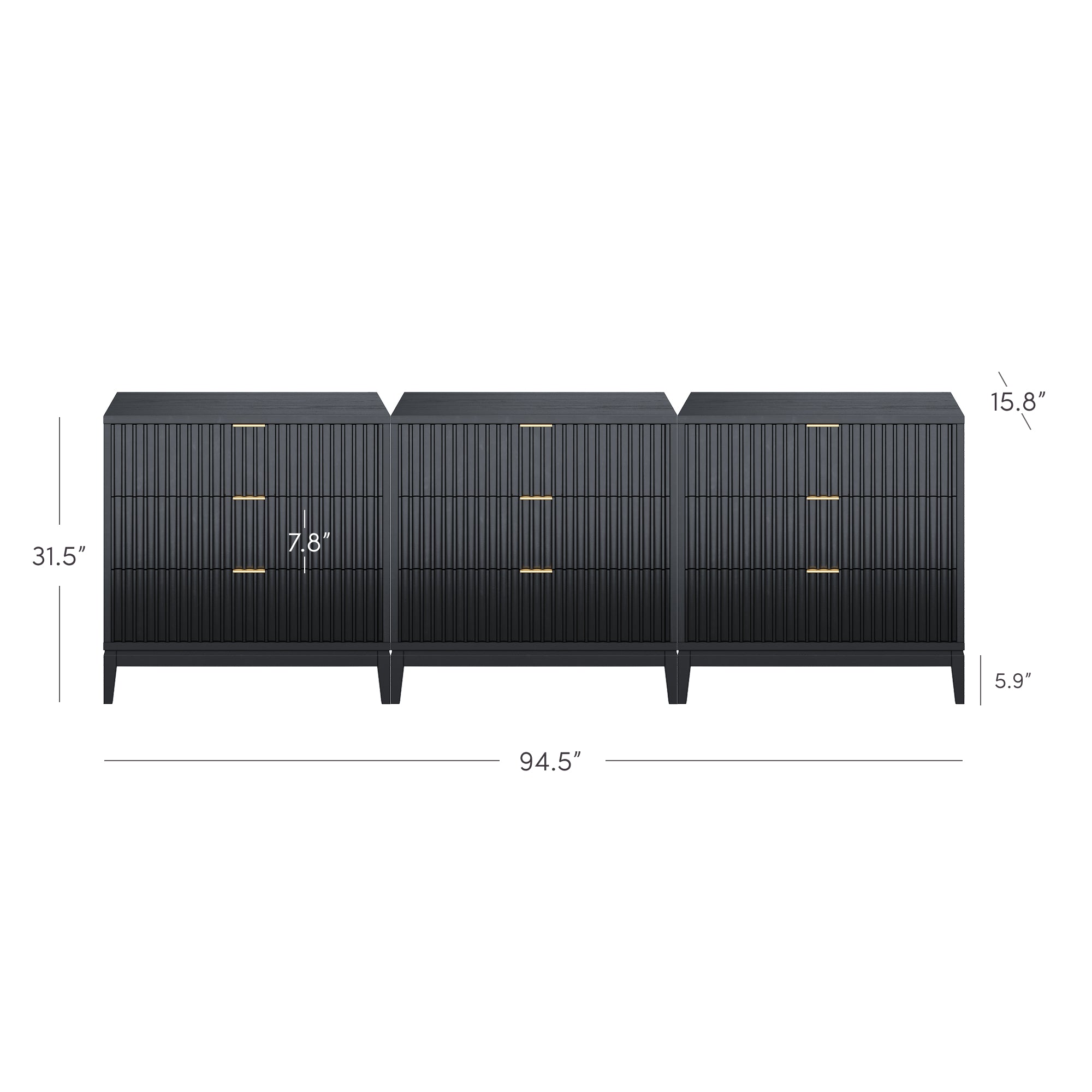 Black modern dresser with three sections, each featuring three drawers with gold handles. Dimensions shown: 94.5 wide, 31.5 tall, 15.8 deep, drawer height 7.8, bottom clearance 5.9.