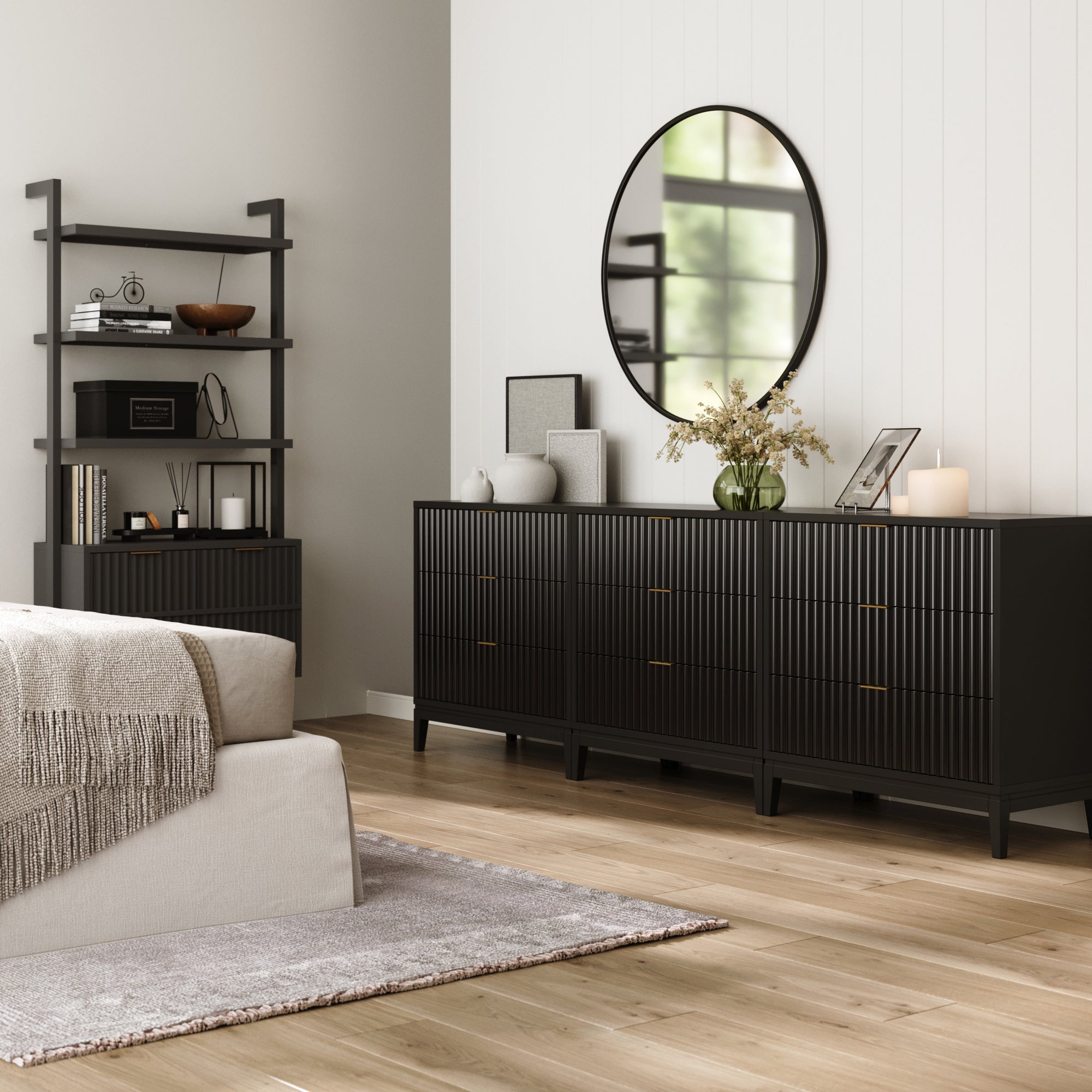 Mid - Century Fluted 9 - Drawer Extra Large Dresser Black (Set of 3) - Nathan James