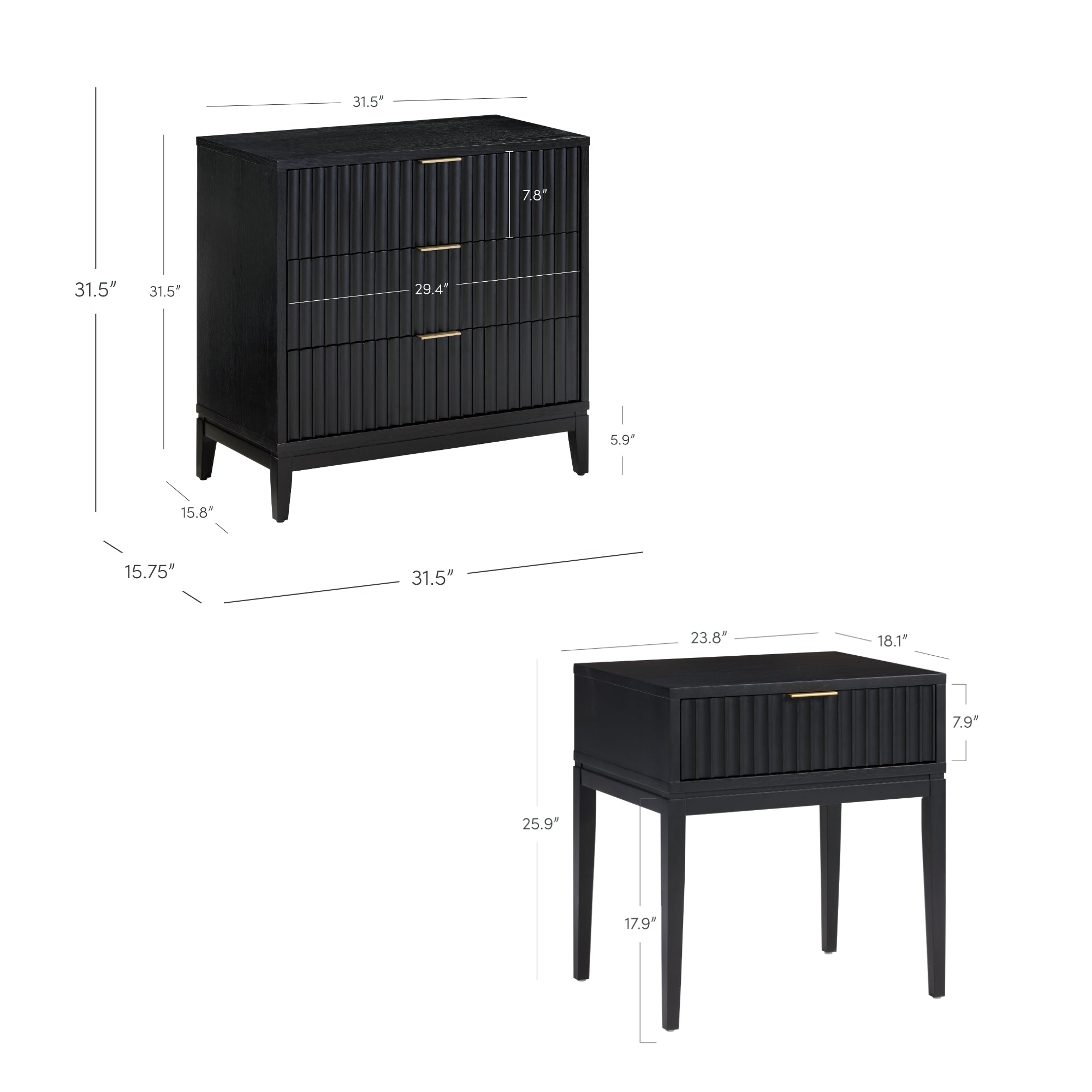 A black dresser with three drawers and a matching black nightstand with one drawer. Both have vertical grooves on the drawer fronts. Dimensions for each piece are shown with labeled measurements.