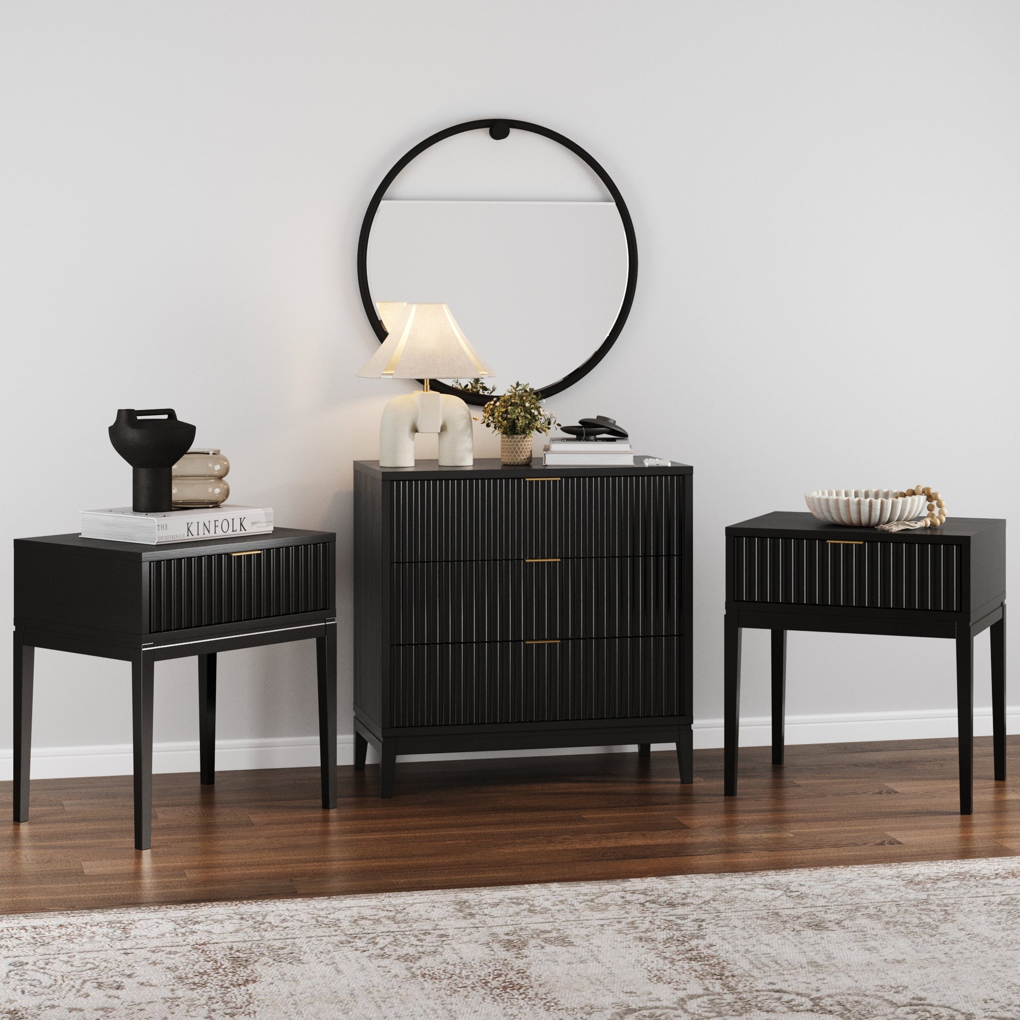 Mid - Century Wooden Fluted Dresser & Nightstand Set Black Oak - Nathan James
