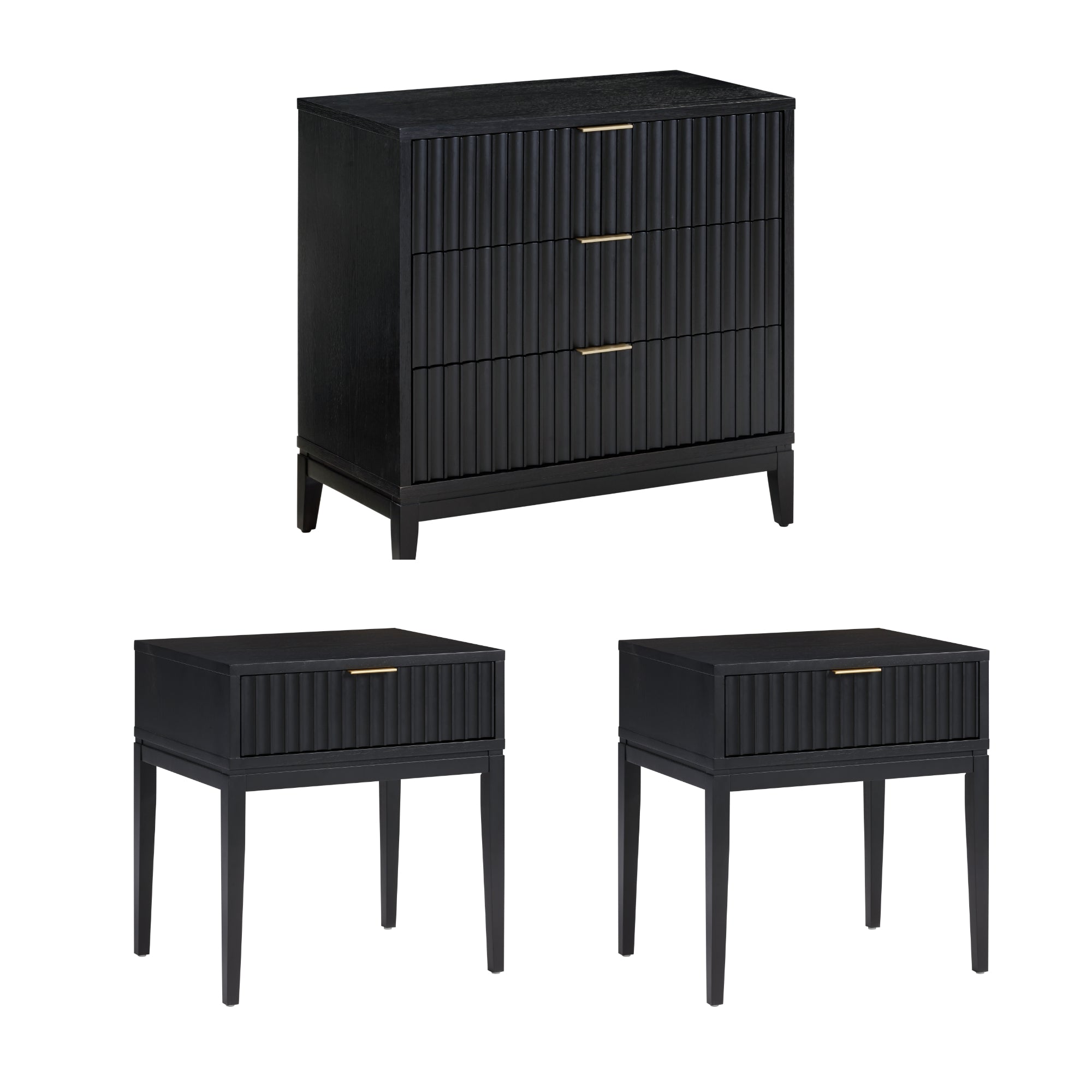 A matching three-piece black bedroom furniture set with vertical grooved patterns, including a three-drawer chest on top and two single-drawer nightstands with gold handles below, all with tapered legs.