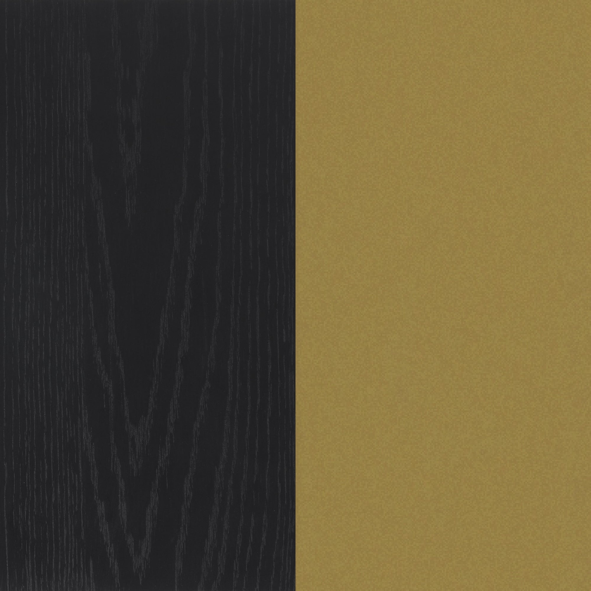 A vertical split image with a black wood grain texture on the left and a flat, solid mustard yellow color on the right.