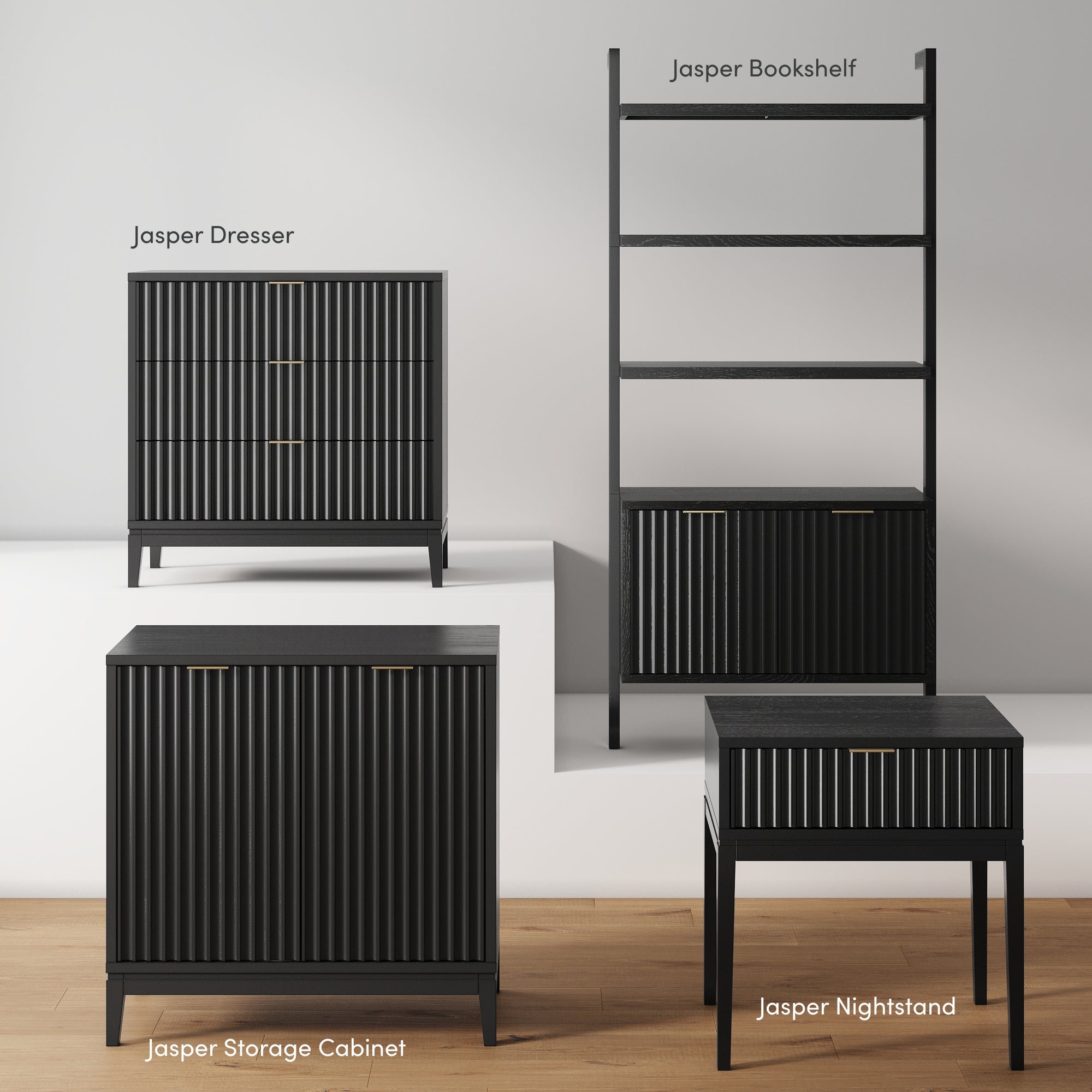 Four black furniture pieces with vertical grooves are displayed: a dresser, a bookshelf with a cabinet base, a storage cabinet, and a nightstand, each labeled with its respective name on a neutral background.