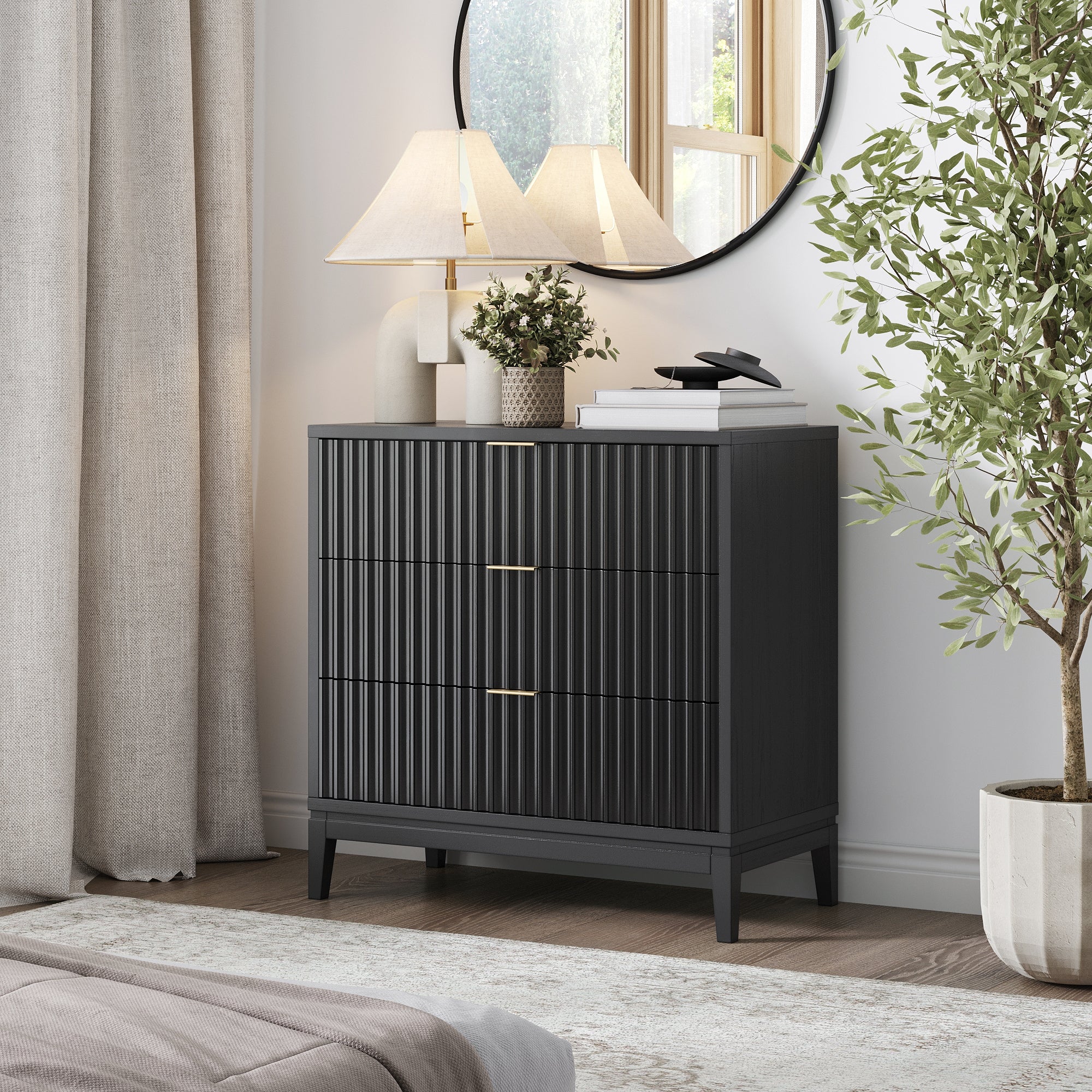 Mid - Century Fluted 3 - Drawer Dresser Black Oak - Nathan James