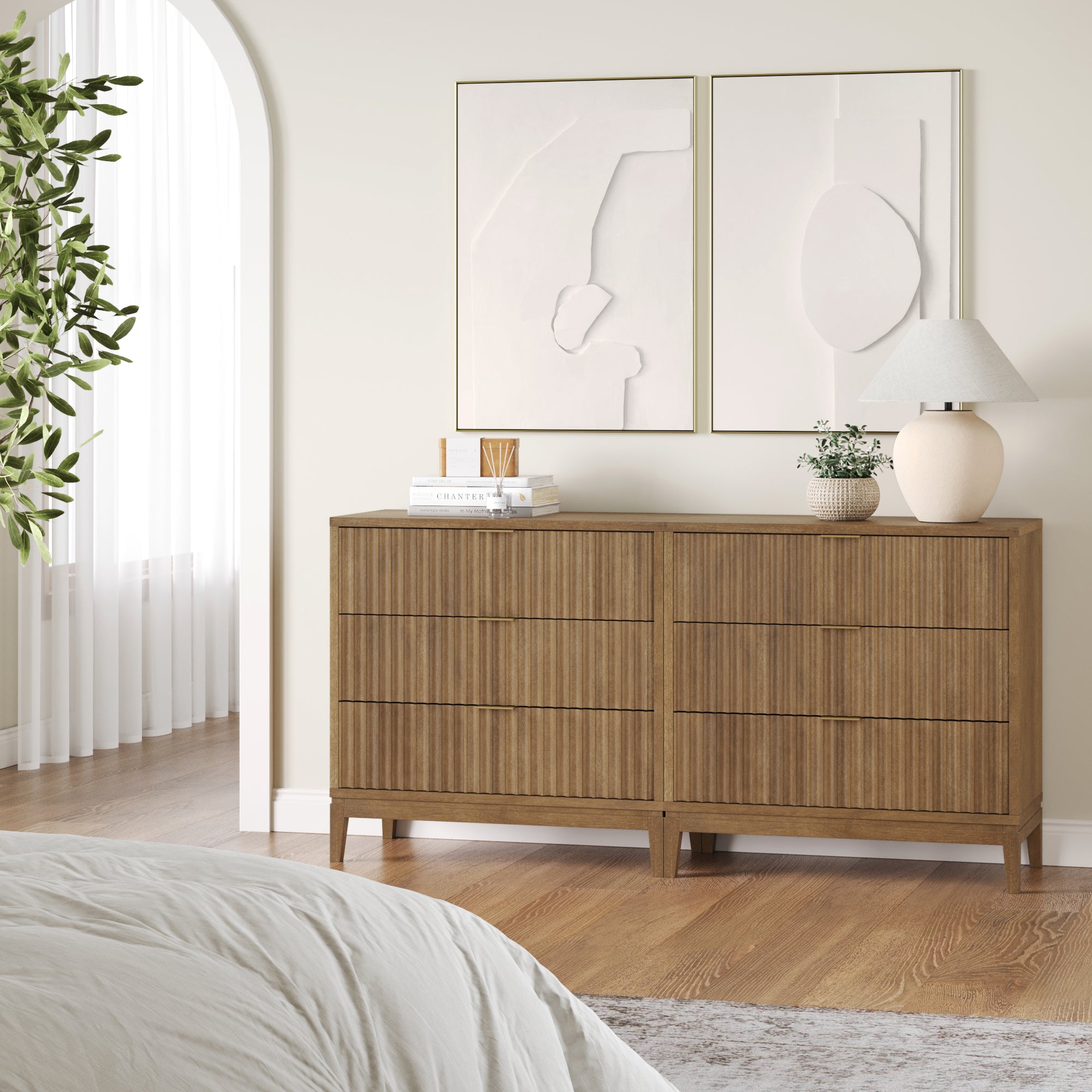 Bohemian Solid Wood 3 - Drawer Fluted Dresser Light Brown (Set of 2) - Nathan James