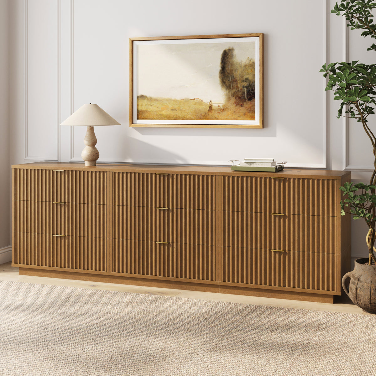 Modern Stackable 9-Drawer Modular Dresser Light Brown with a vertical fluted texture and brass pulls.