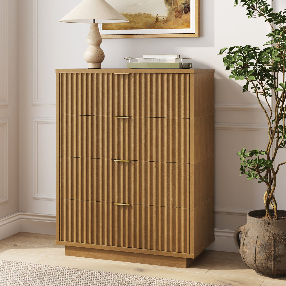 Nathan James Modern Stackable 4-Drawer Modular Dresser in light brown, featuring a mid-century modern aesthetic with vertical fluted drawer fronts and slim gold-tone handles.