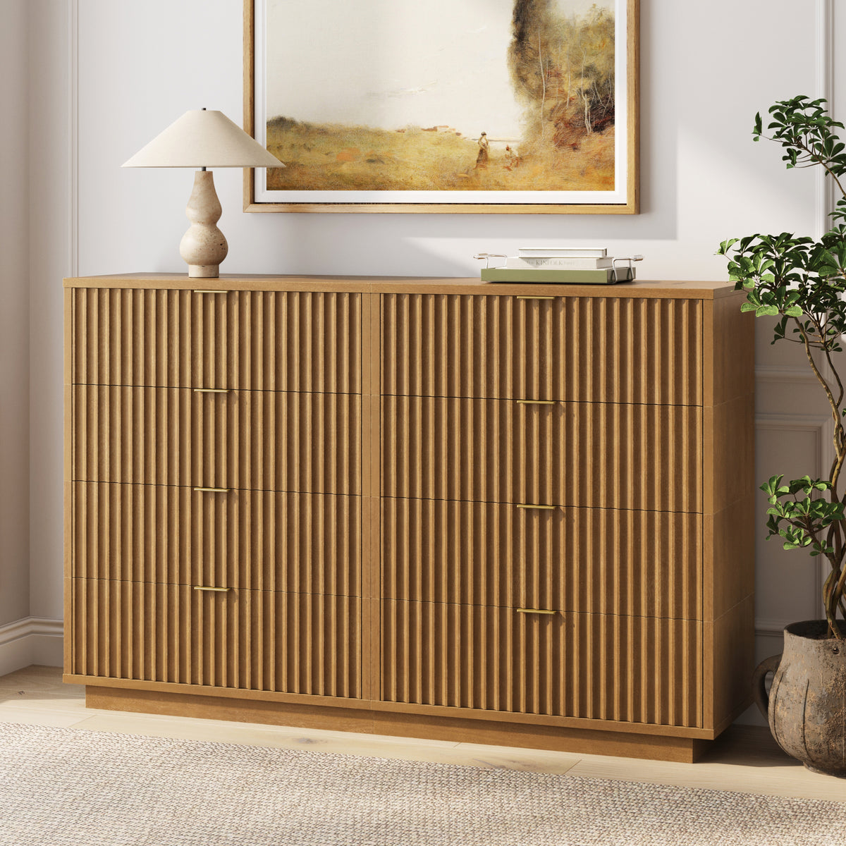 Modern Stackable 8-Drawer Modular Dresser in light brown, featuring vertical fluted drawer fronts and gold-toned hardware.