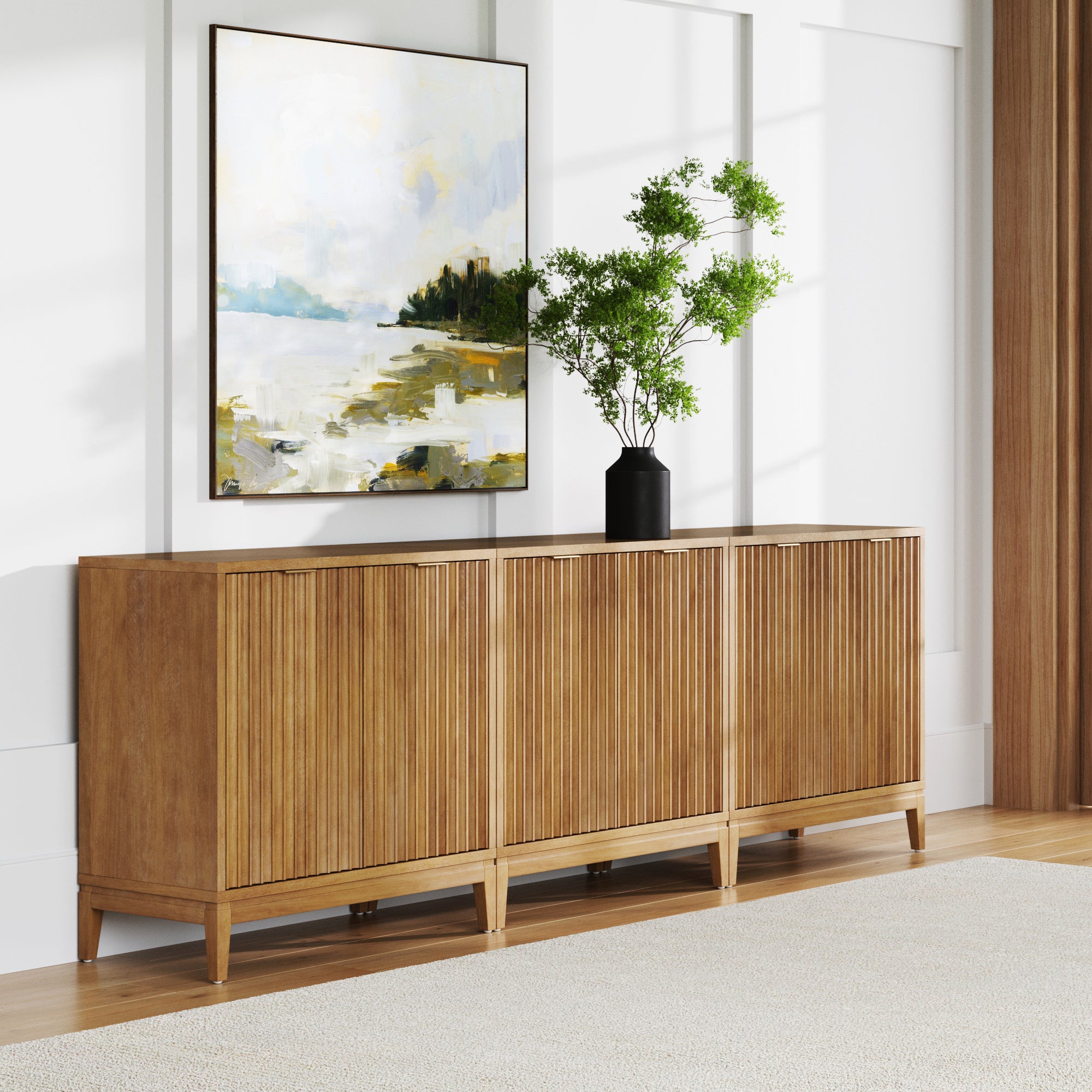 Mid - Century Fluted Storage Cabinet Credenza Light Brown (Set of 3) - Nathan James