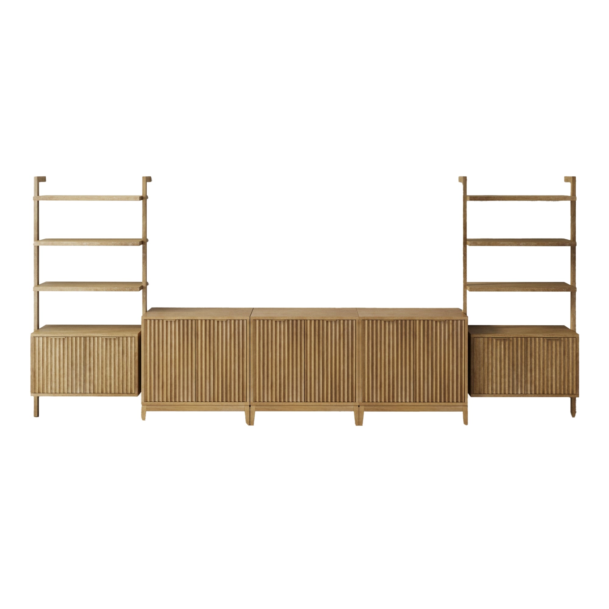 A wooden media console with vertical grooves, featuring three central cabinet doors and open shelving units with two cabinets and three shelves on each side. The design is minimal and modern.