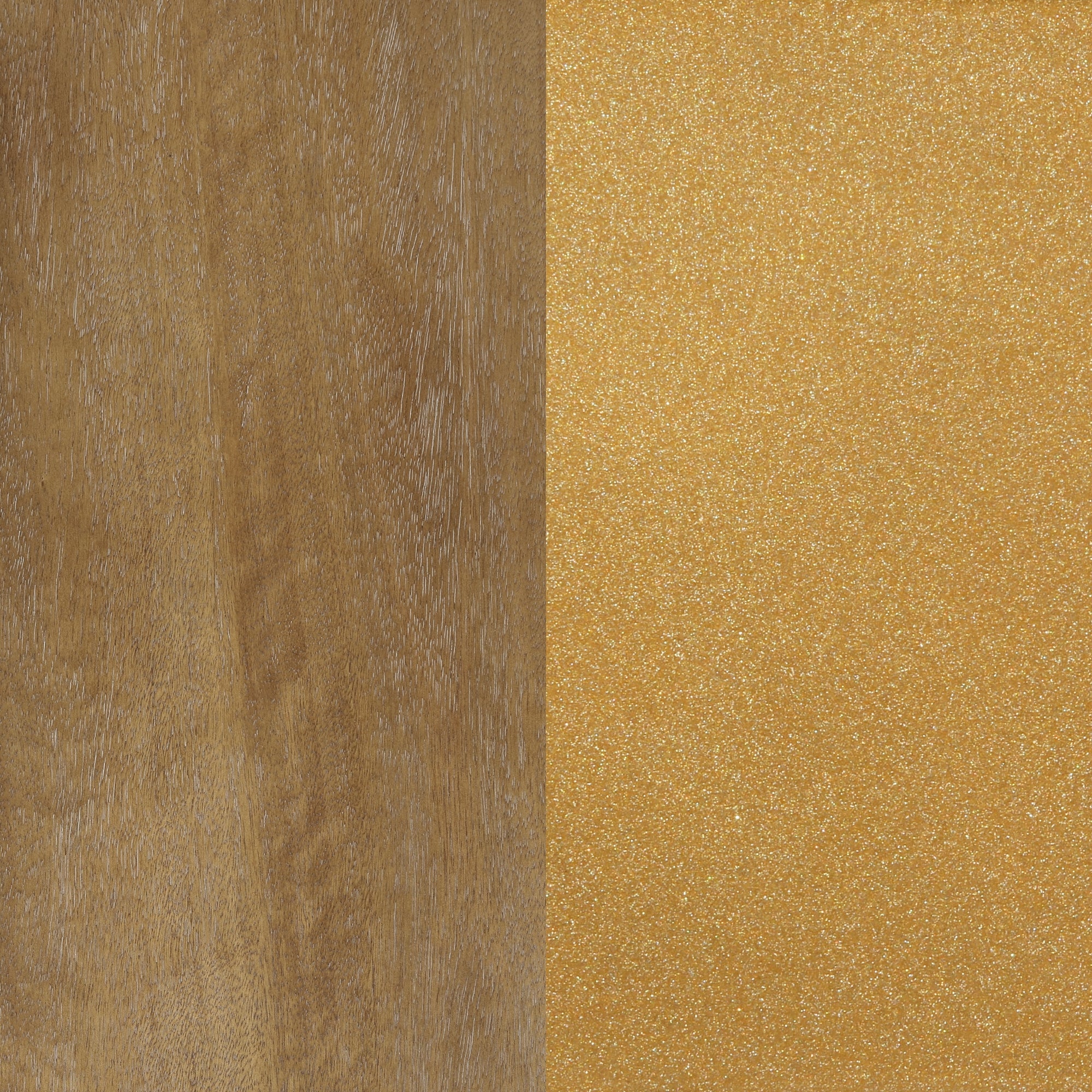 A split panel with two textures: the left side shows natural, matte brown wood grain, while the right side features a shiny, glittery gold surface.