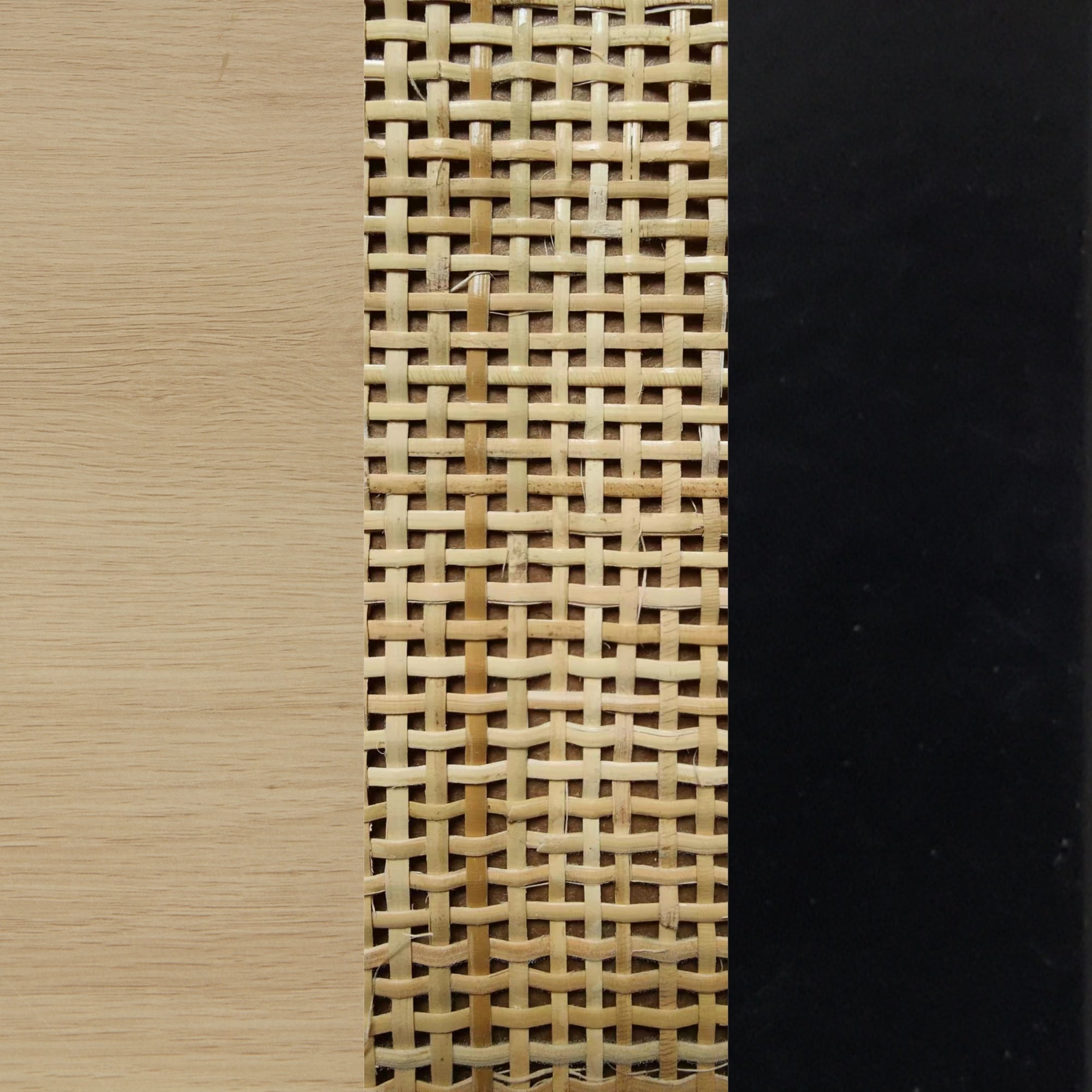 A close-up of three vertical panels: light wood on the left, woven rattan in the center, and smooth black material on the right.