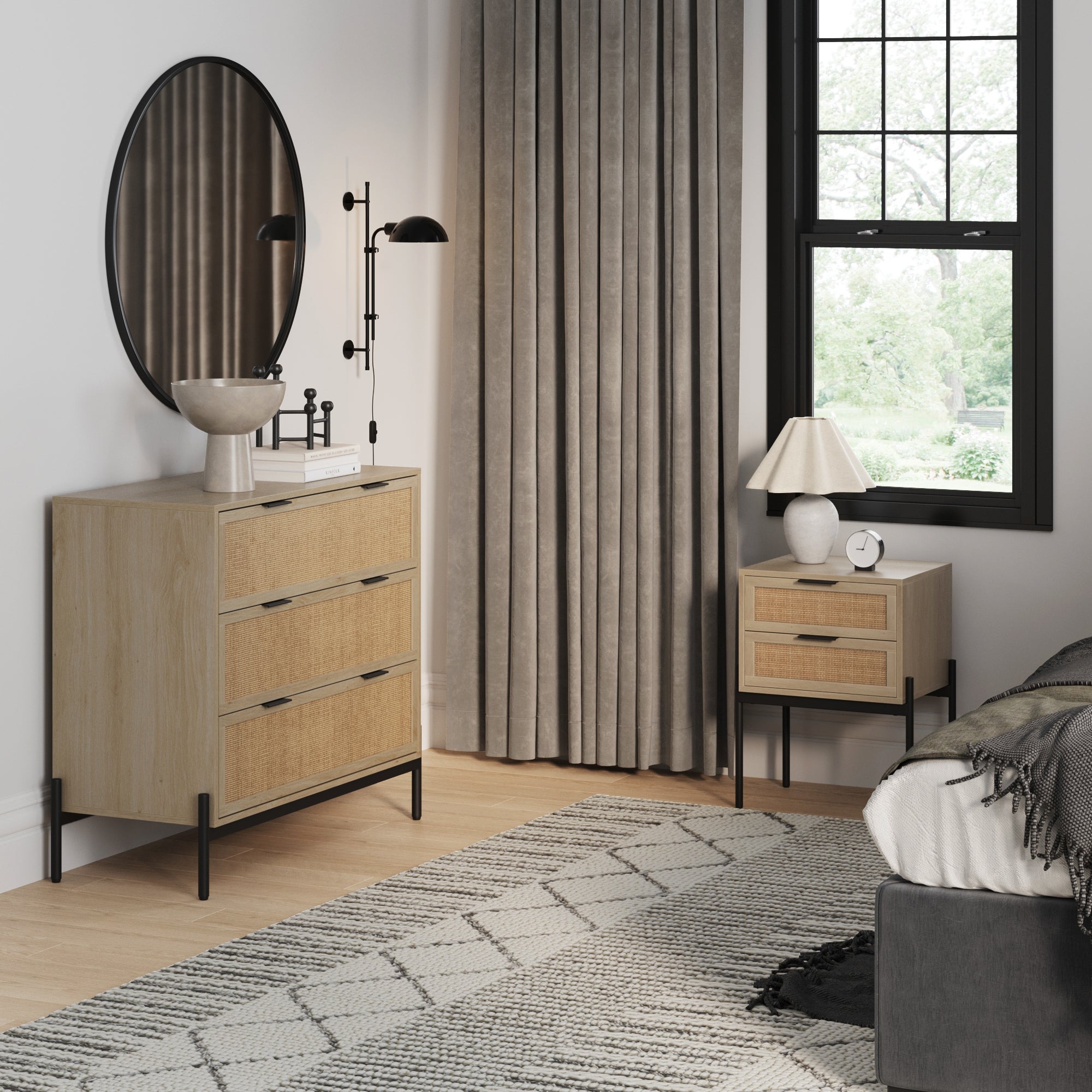 Oak Rattan Nightstand and Dresser Set with Drawers - Nathan James