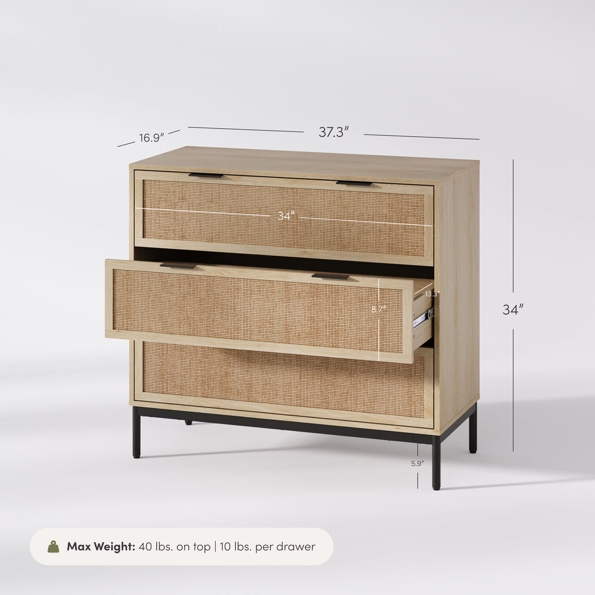 Rattan & Wood 3-Drawer Dresser Light Oak - Nathan James