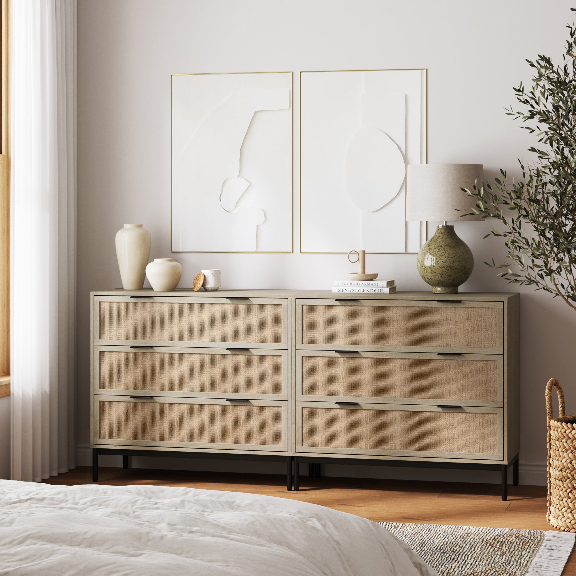Rattan & Wood 3-Drawer Dresser Light Oak - Nathan James