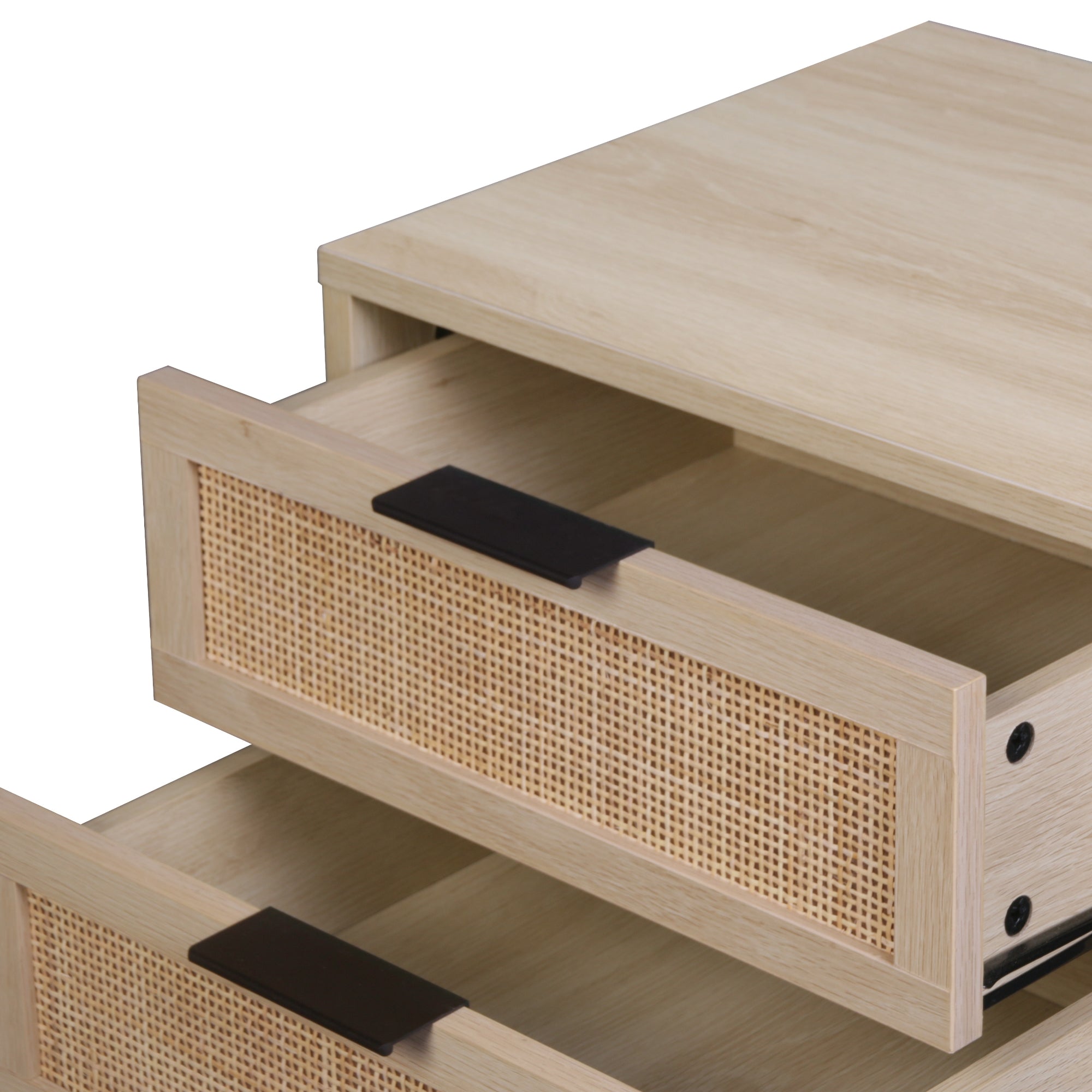 A close-up view of a light wood nightstand with two drawers, both partially open. The drawer fronts feature a woven rattan panel and black rectangular handles.