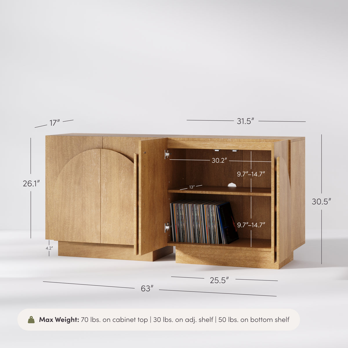 Light brown wood Nathan James Mid-Century Modern Wood Credenza Arched Light Brown (Set of 2) with two arched doors, one open revealing an adjustable shelf and records, annotated with dimensions and weight capacity specifications.