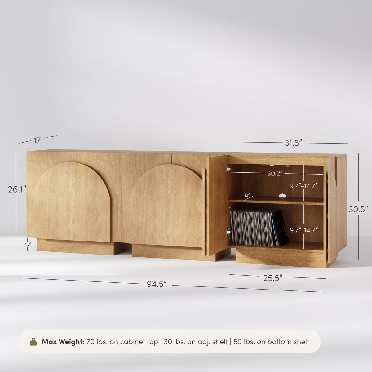 Nathan James Mid-Century Modern Wood Credenza Arched Light Brown (Set of 3) featuring three storage cabinets with arched doors, dimension markers, and an open compartment holding vinyl records.