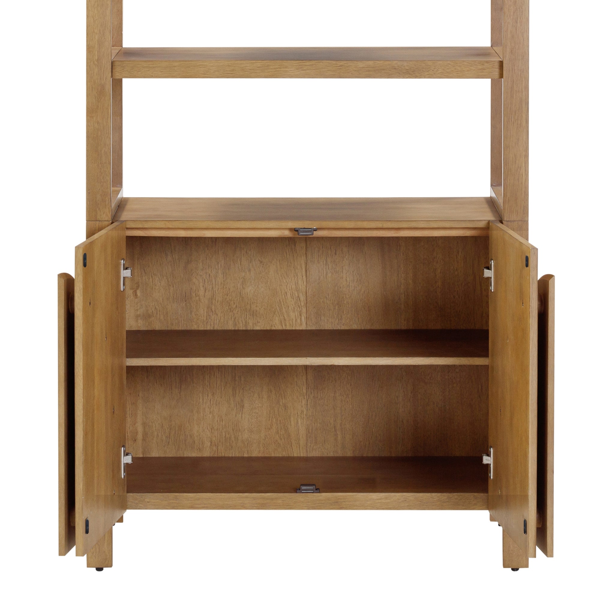 A wooden cabinet with open double doors revealing an interior shelf, and two open shelves above it. The cabinet is empty and has a natural wood finish.