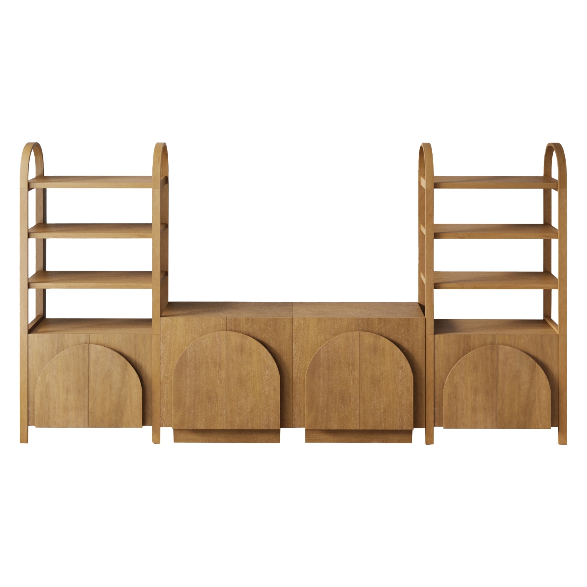 A wooden shelving unit with two tall, arched shelving sections on either side and a lower central cabinet featuring four arched cabinet doors. The design is modern and symmetrical.