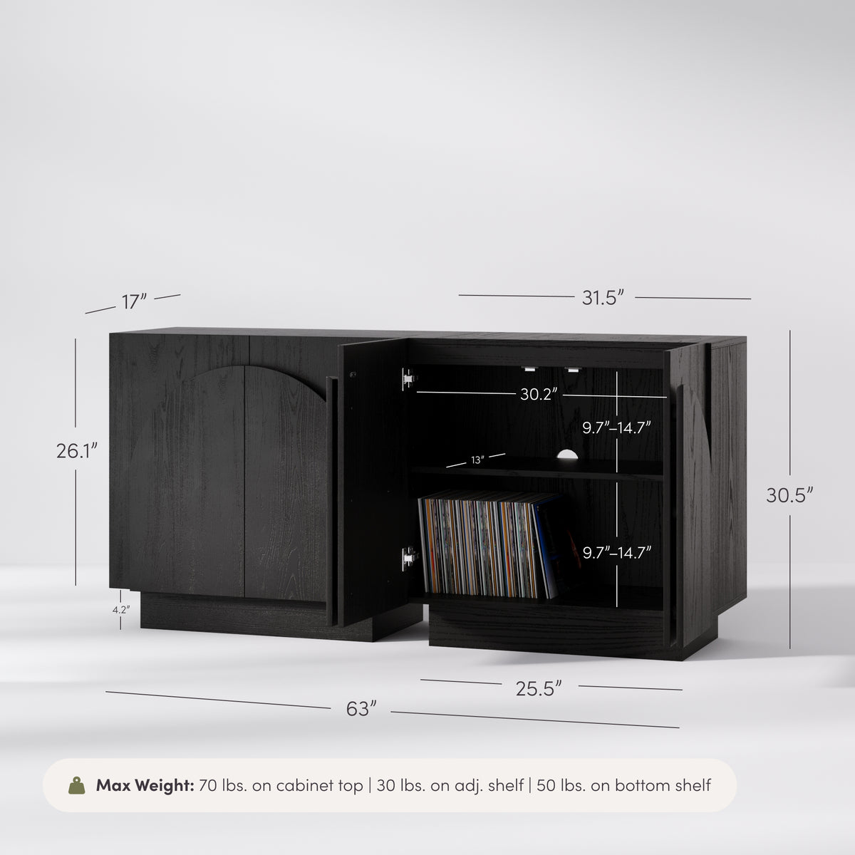 Nathan James Mid-Century Modern Credenza Arched Black, a black wood veneer credenza with arch detail doors; one cabinet is open to show adjustable shelving and records, with height, width, and depth measurements and maximum weight capacities.