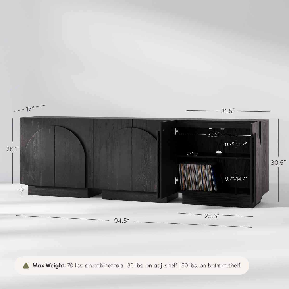 Nathan James Mid-Century Modern Credenza Arched Black, shown in black wood with arch-detail doors, dimension labels, and an open cabinet revealing interior shelves with vinyl records and a weight capacity label.