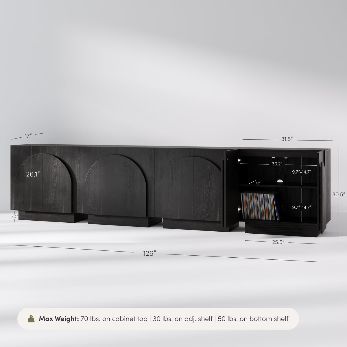 Black Mid-Century Modern Credenza Arched Black four-door media console with arched door designs and an open-ended cabinet showing internal shelves, dimensions, and weight capacity text below.