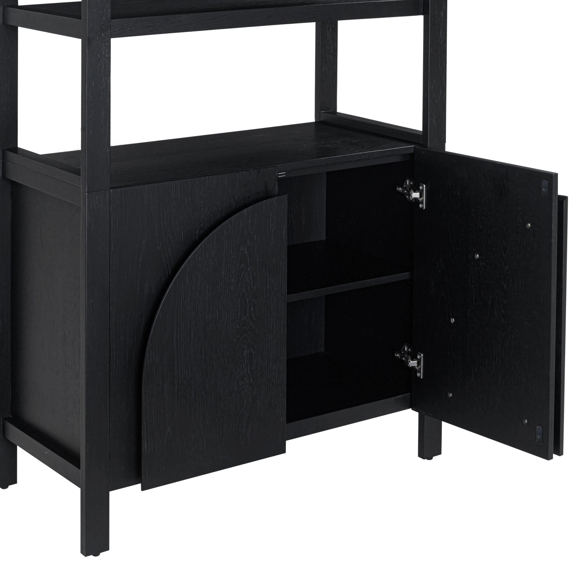 A black wooden shelving unit with two cabinet doors, one open to reveal an interior shelf and storage space. The cabinet features a modern design with clean lines and a smooth finish.